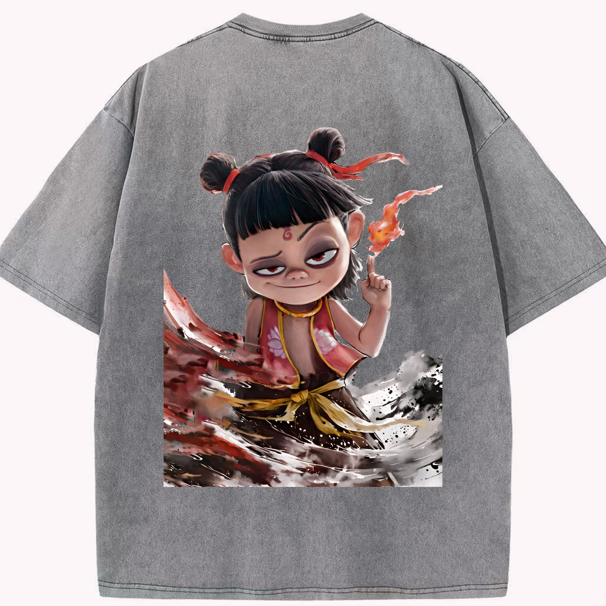 （画像用） Ne Zha 2 ナタ 魔童の大暴れ 綿100% ヴィンテージ風 半袖Tシャツ（背面プリント）