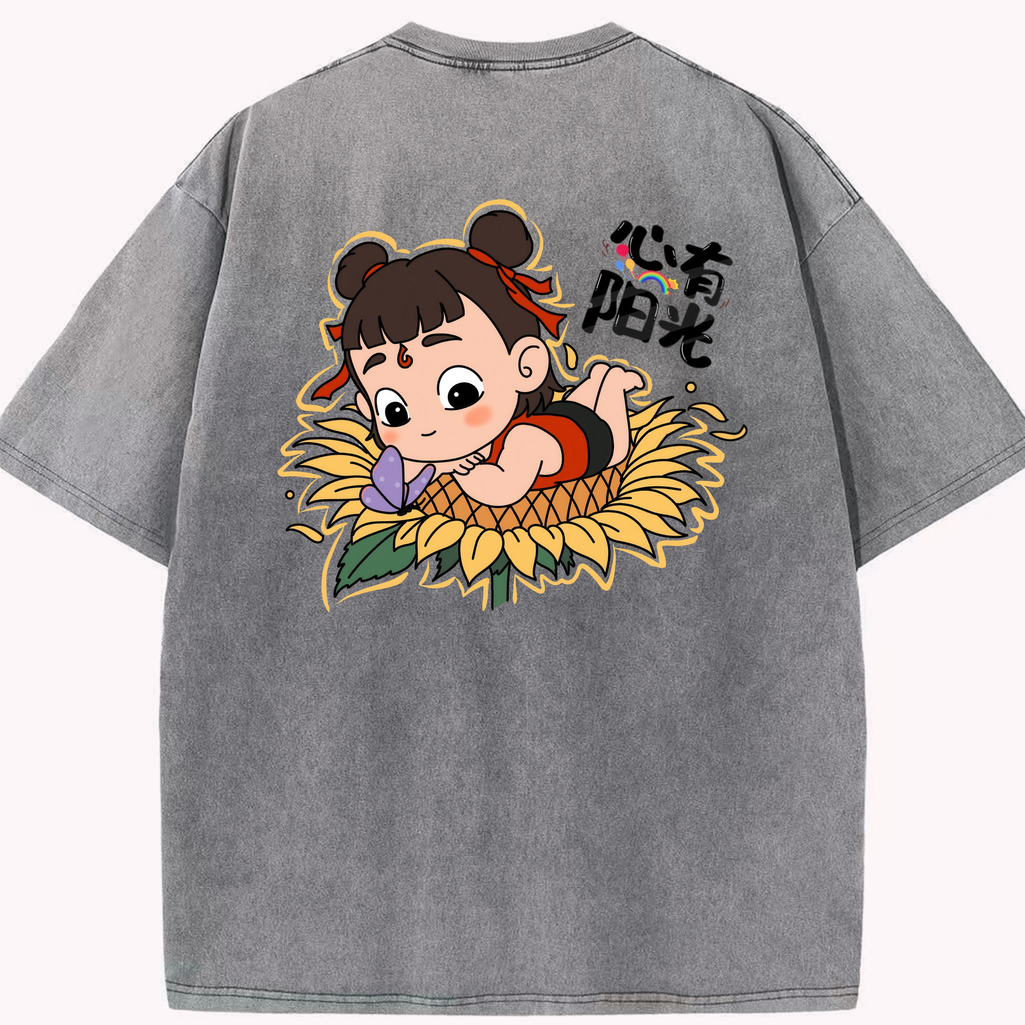 （画像用） Ne Zha 2 ナタ 魔童の大暴れ 綿100% ヴィンテージ風 半袖Tシャツ（背面プリント）