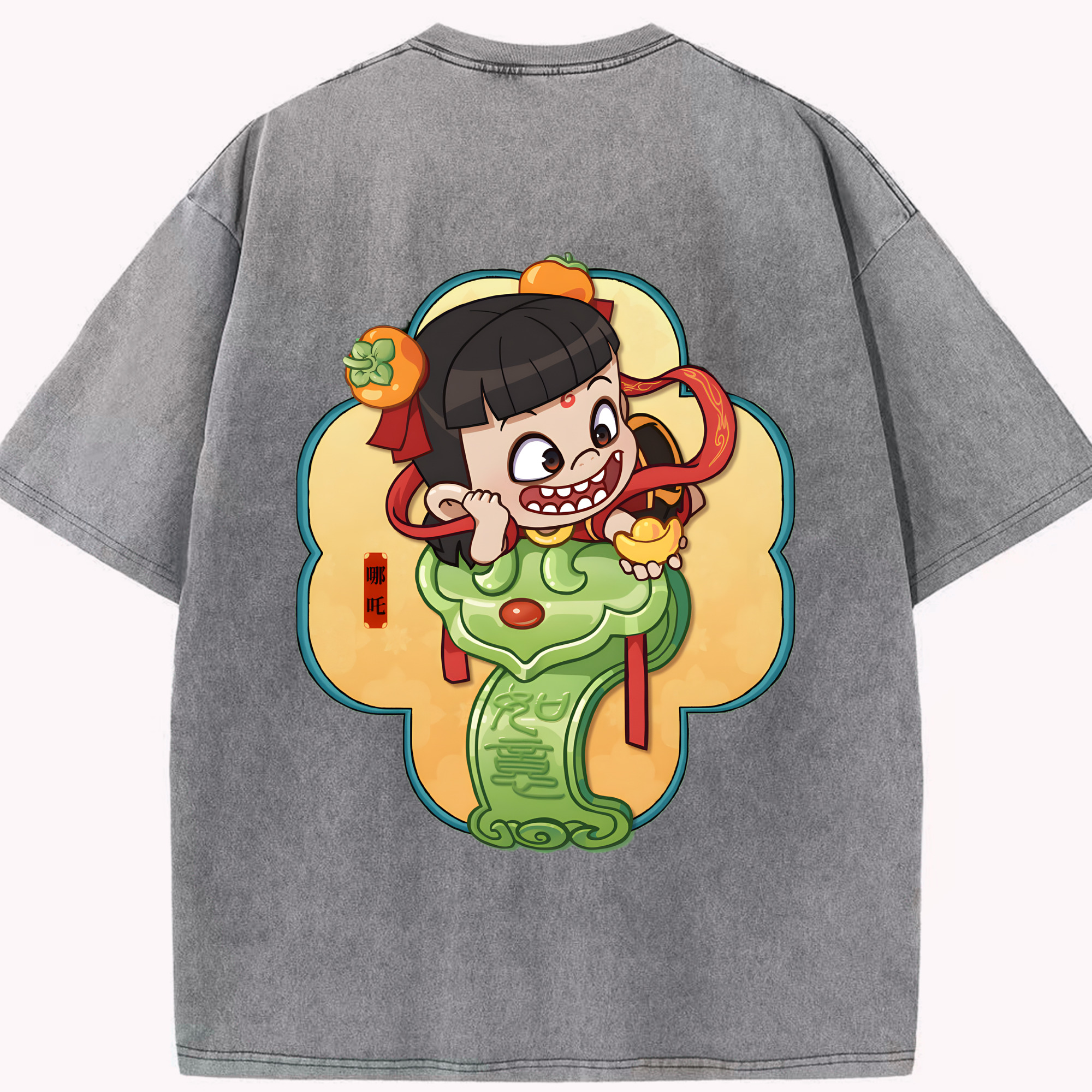 （画像用） Ne Zha 2 ナタ 魔童の大暴れ 綿100% ヴィンテージ風 半袖Tシャツ（背面プリント）