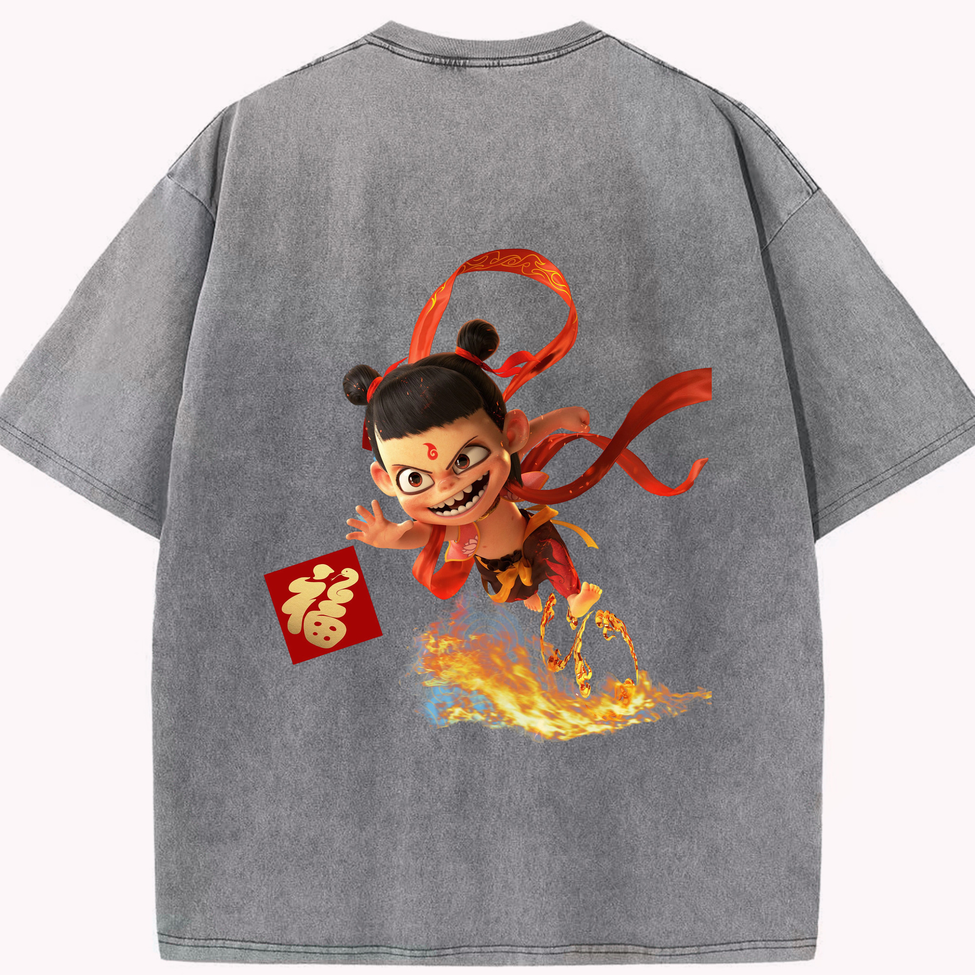 （画像用） Ne Zha 2 ナタ 魔童の大暴れ 綿100% ヴィンテージ風 半袖Tシャツ（背面プリント）