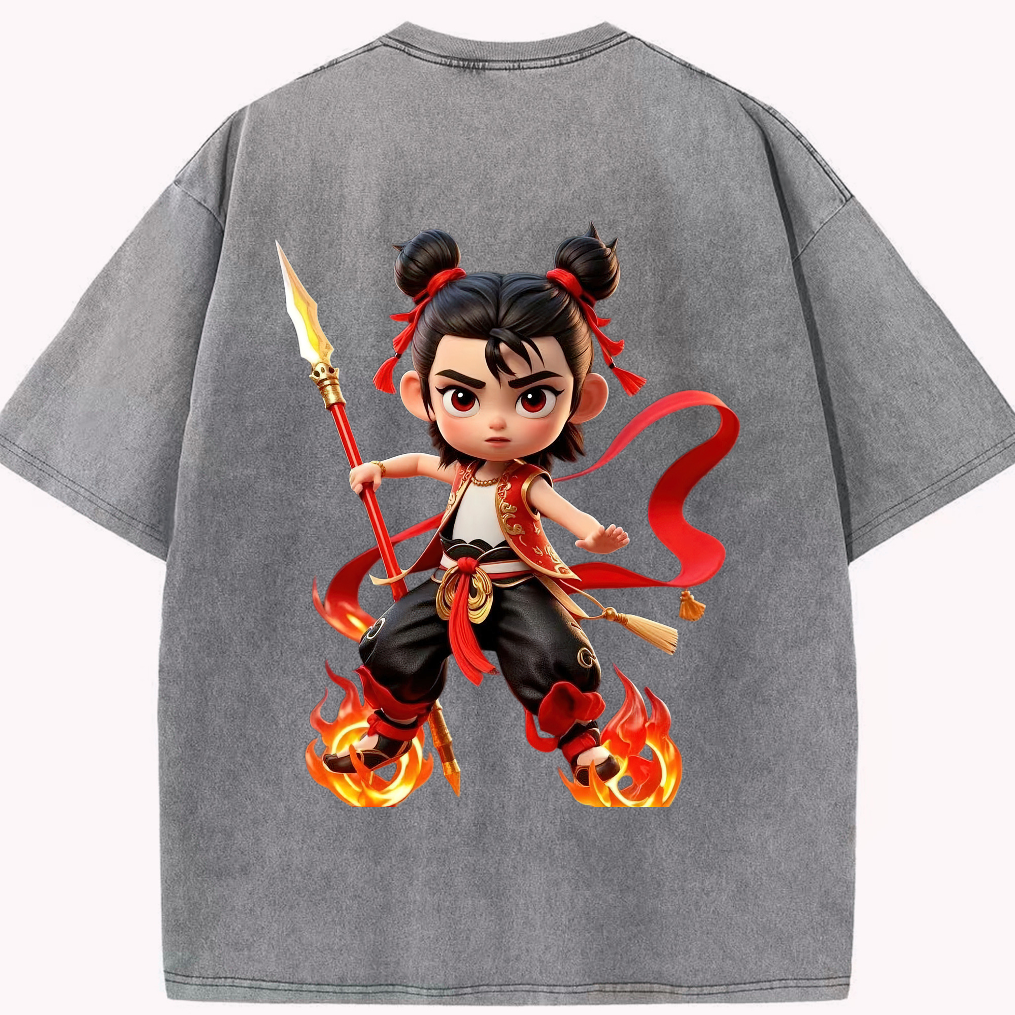 （画像用） Ne Zha 2 ナタ 魔童の大暴れ 綿100% ヴィンテージ風 半袖Tシャツ（背面プリント）
