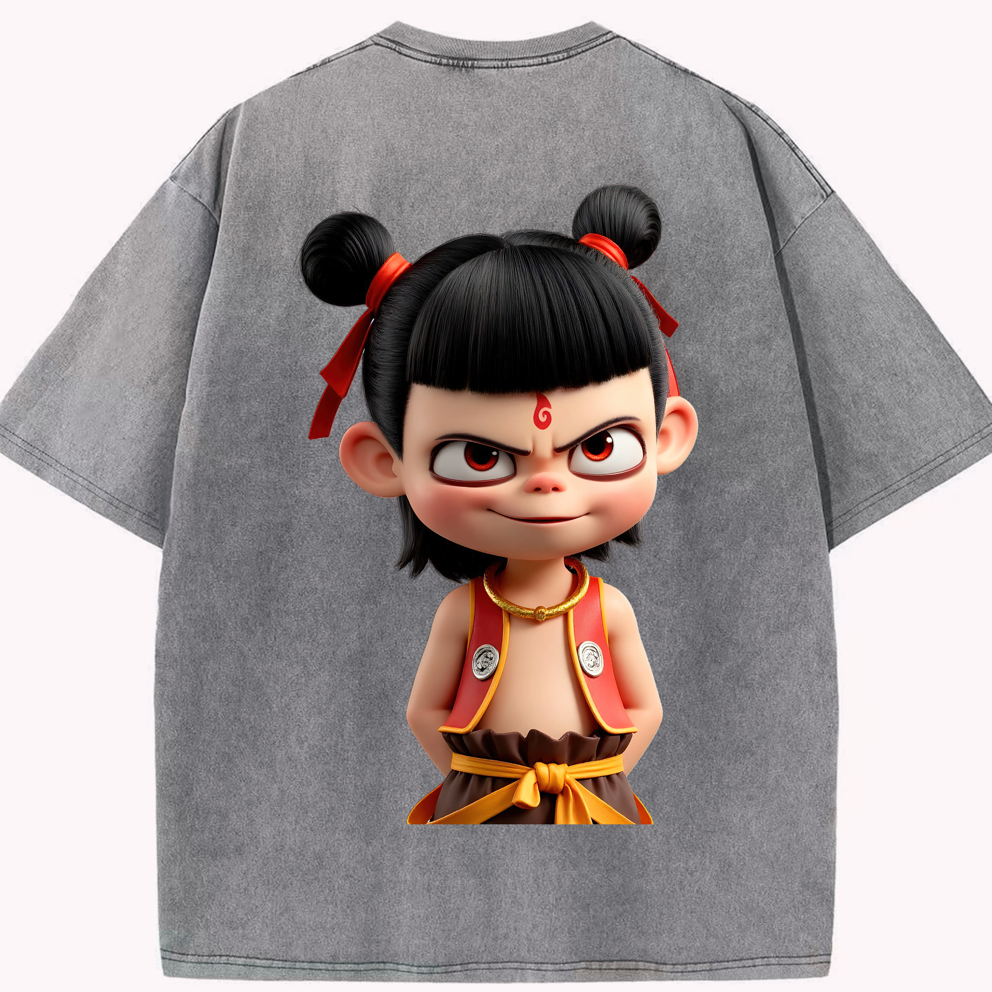 （画像用） Ne Zha 2 ナタ 魔童の大暴れ 綿100% ヴィンテージ風 半袖Tシャツ（背面プリント）