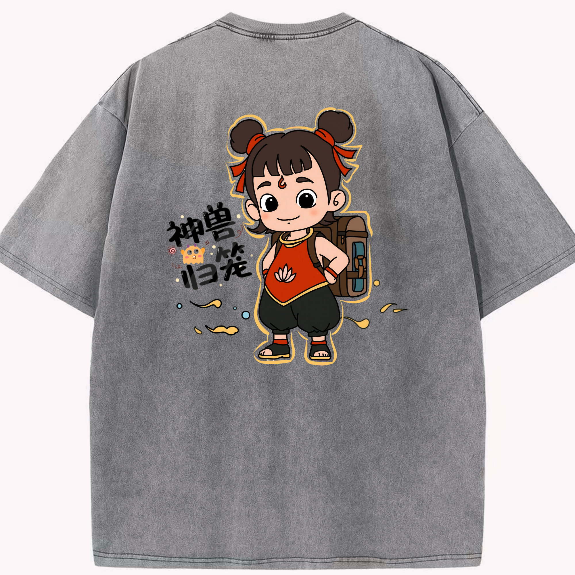 （画像用） Ne Zha 2 ナタ 魔童の大暴れ 綿100% ヴィンテージ風 半袖Tシャツ（背面プリント）