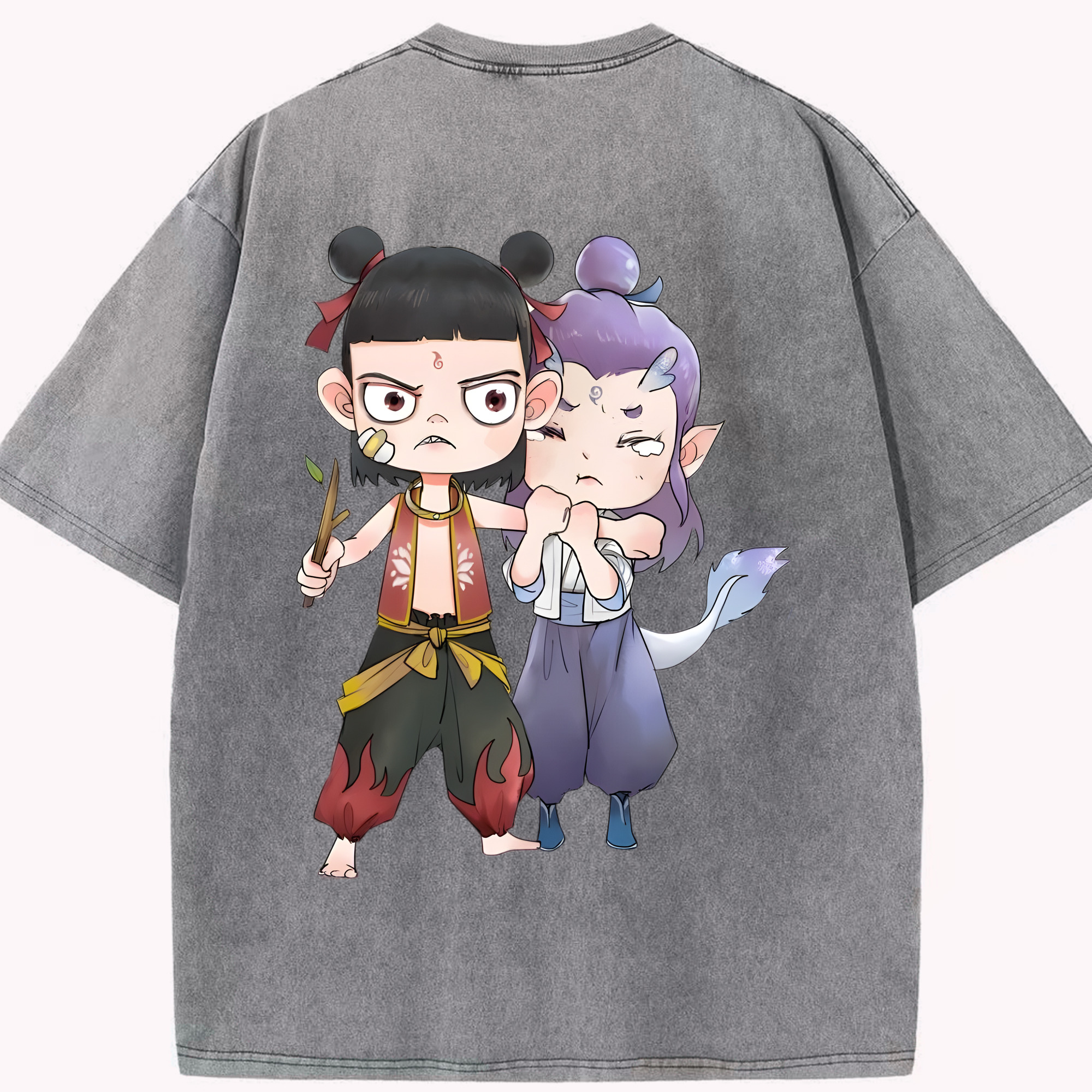 （画像用） Ne Zha 2 ナタ 魔童の大暴れ 綿100% ヴィンテージ風 半袖Tシャツ（背面プリント）