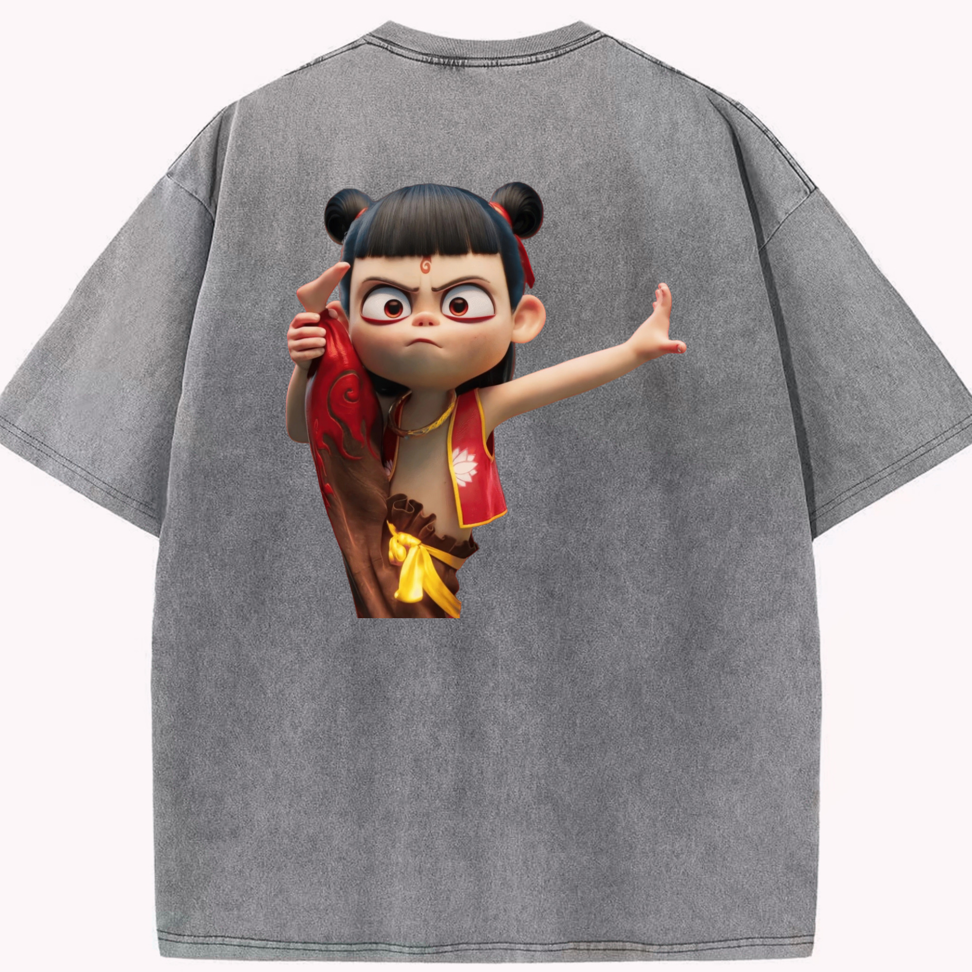 （画像用） Ne Zha 2 ナタ 魔童の大暴れ 綿100% ヴィンテージ風 半袖Tシャツ（背面プリント）