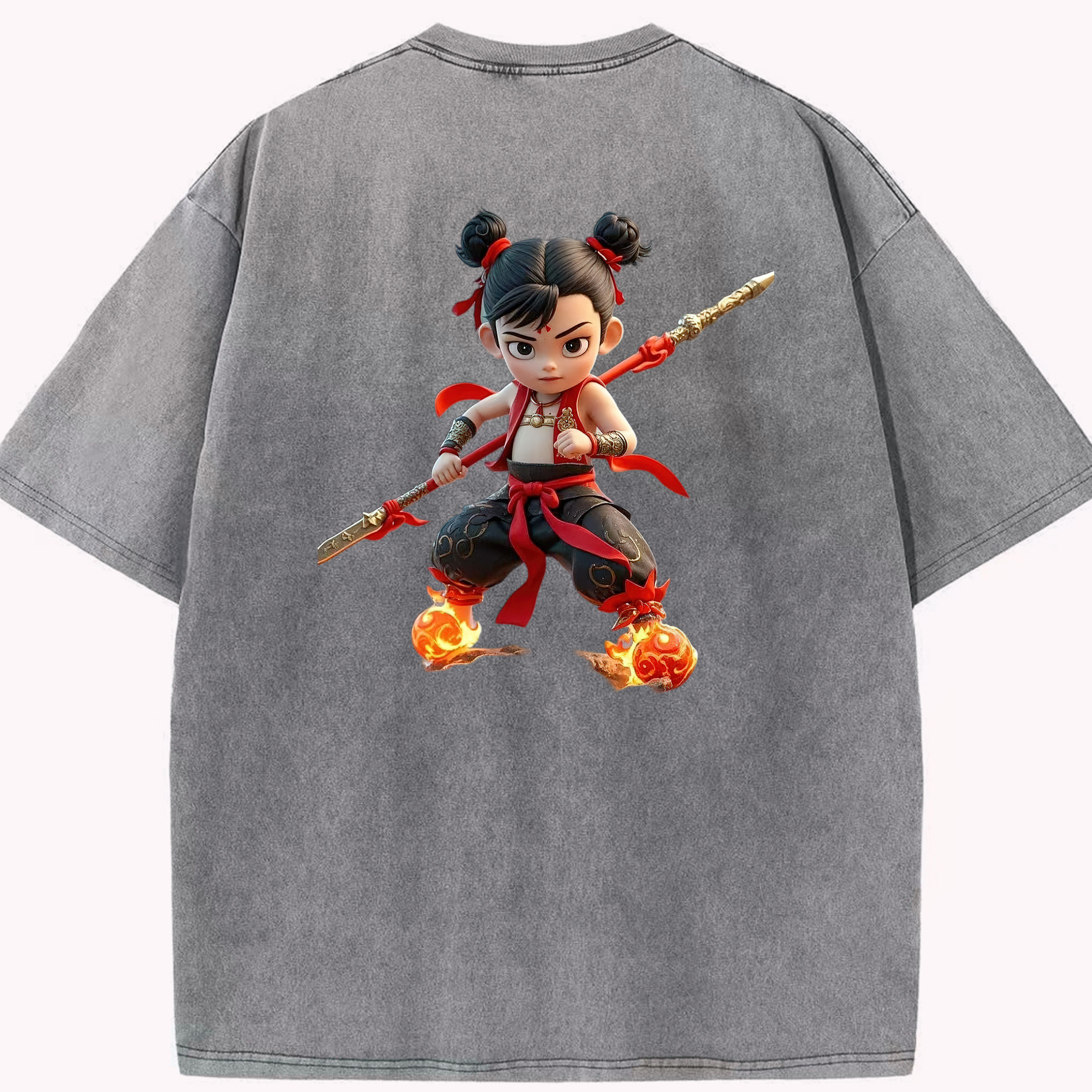 （画像用） Ne Zha 2 ナタ 魔童の大暴れ 綿100% ヴィンテージ風 半袖Tシャツ（背面プリント）