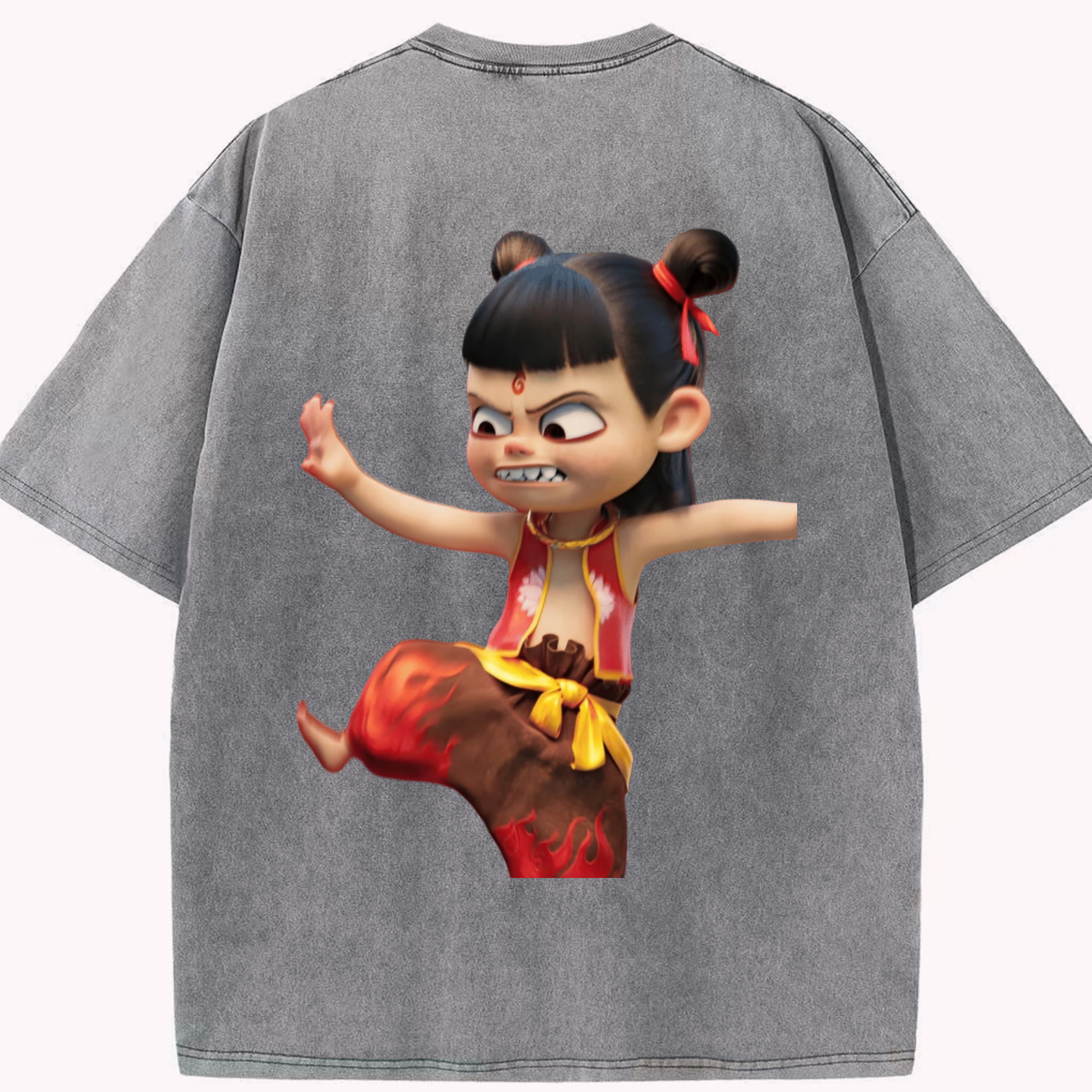 （画像用） Ne Zha 2 ナタ 魔童の大暴れ 綿100% ヴィンテージ風 半袖Tシャツ（背面プリント）