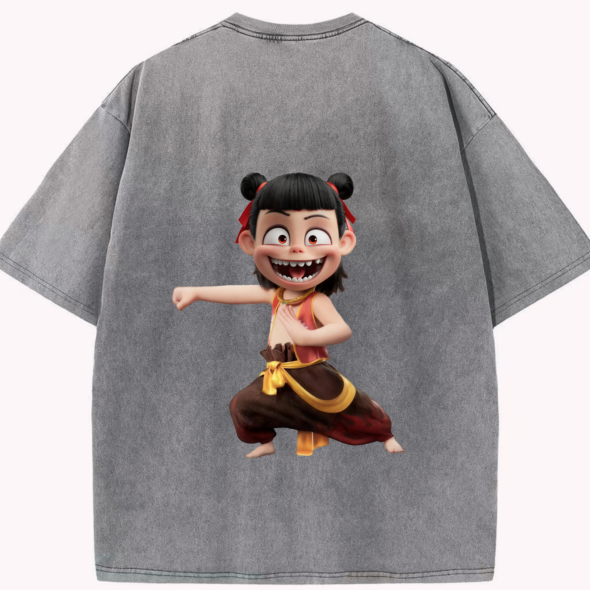 （画像用） Ne Zha 2 ナタ 魔童の大暴れ 綿100% ヴィンテージ風 半袖Tシャツ（背面プリント）