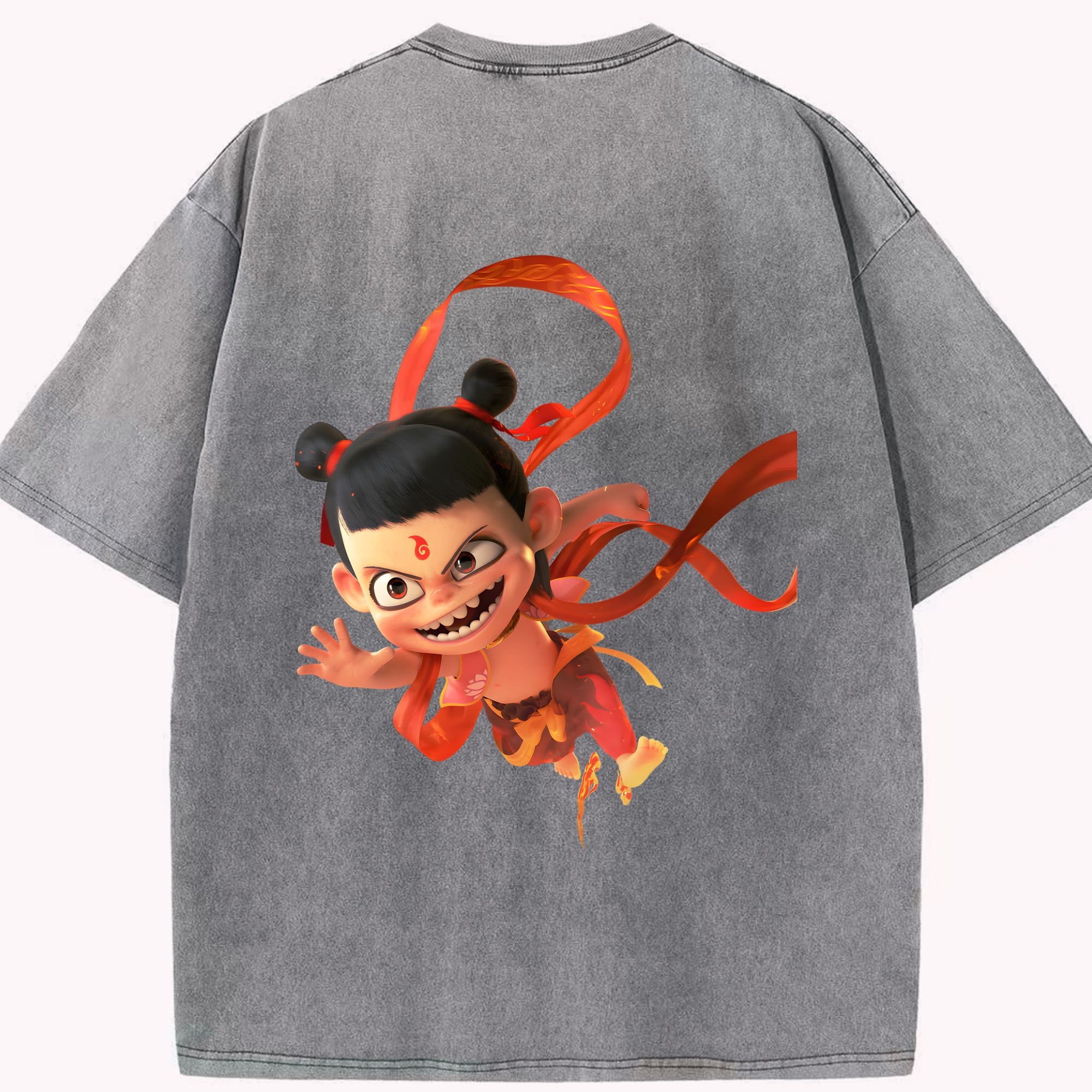 （画像用） Ne Zha 2 ナタ 魔童の大暴れ 綿100% ヴィンテージ風 半袖Tシャツ（背面プリント）