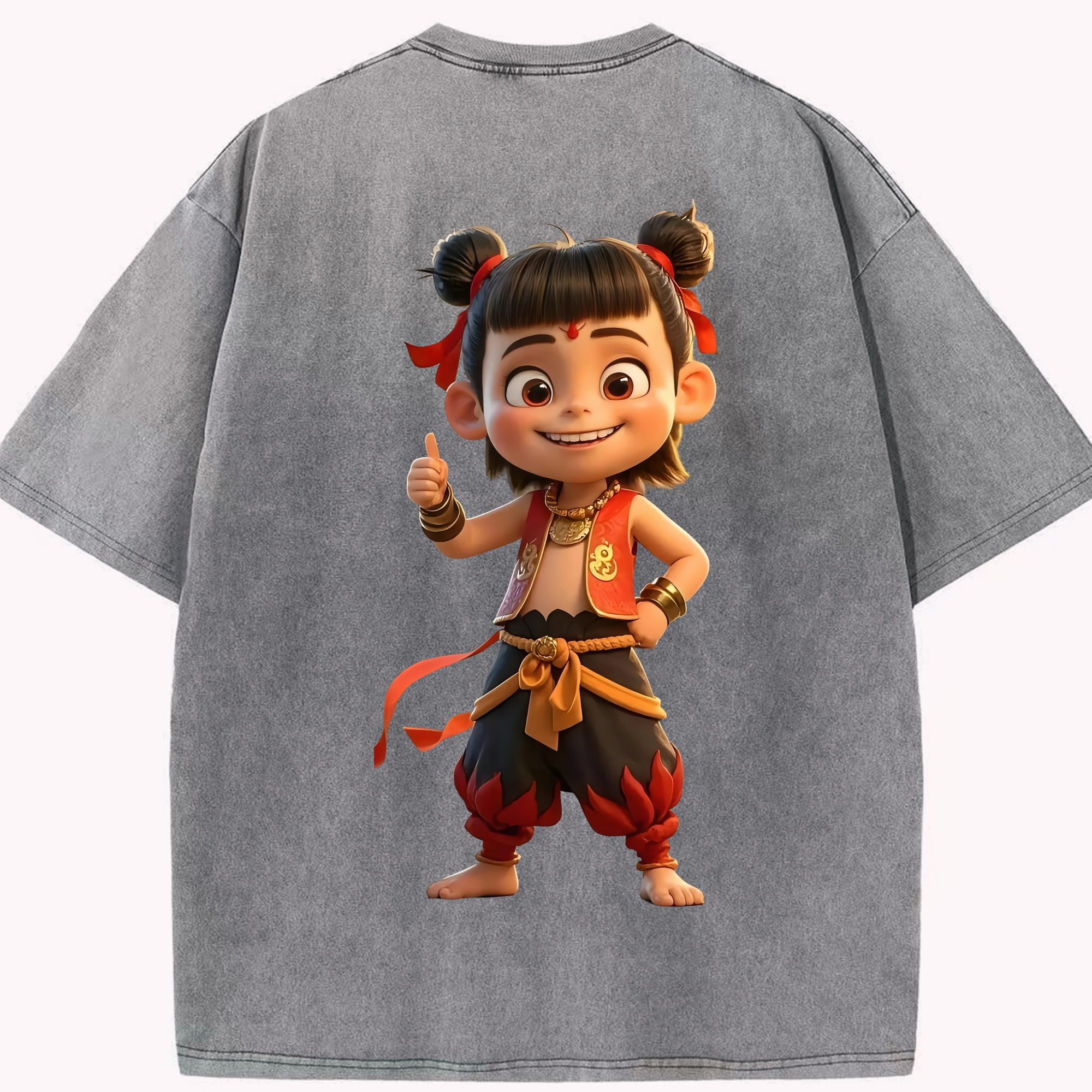 （画像用） Ne Zha 2 ナタ 魔童の大暴れ 綿100% ヴィンテージ風 半袖Tシャツ（背面プリント）