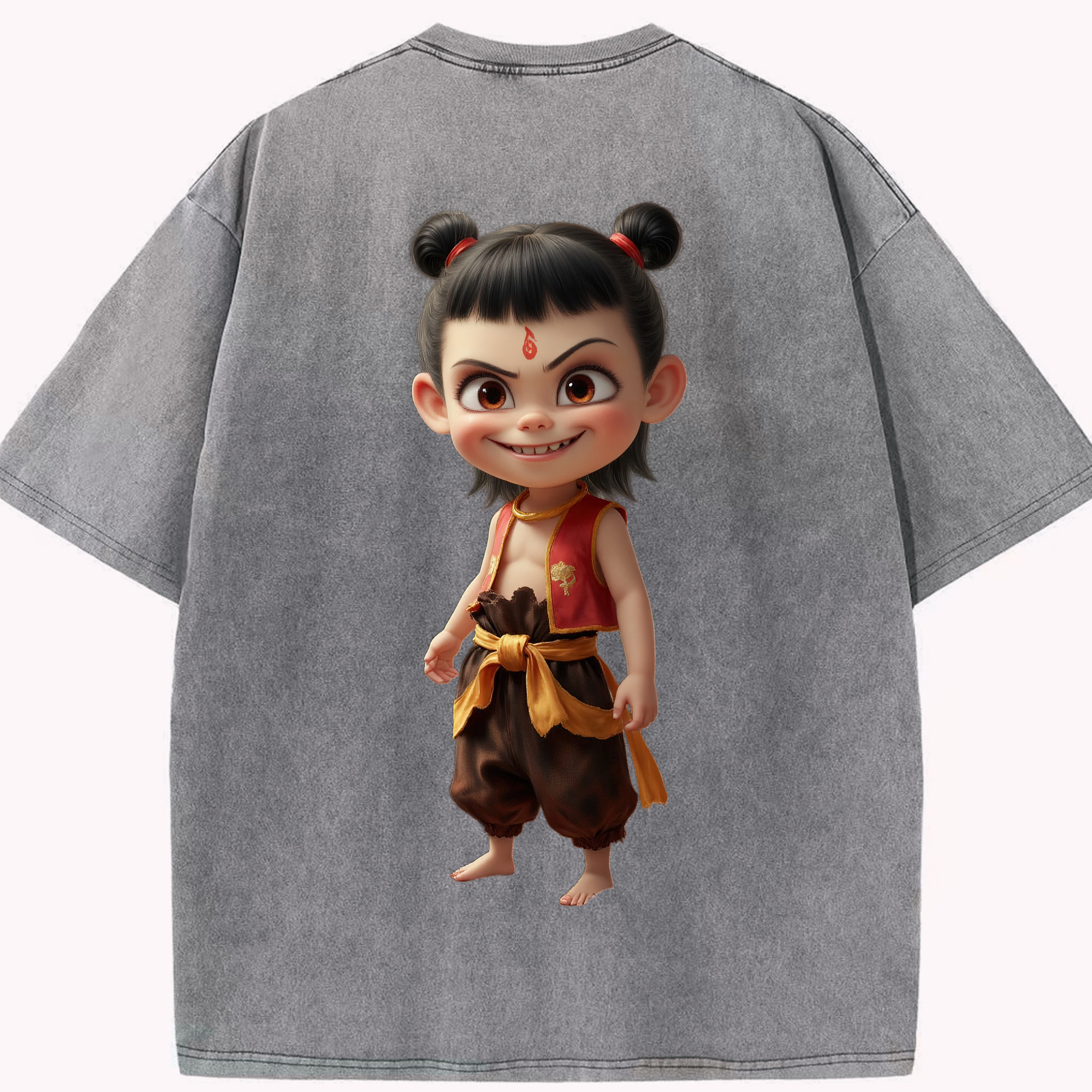（画像用） Ne Zha 2 ナタ 魔童の大暴れ 綿100% ヴィンテージ風 半袖Tシャツ（背面プリント）