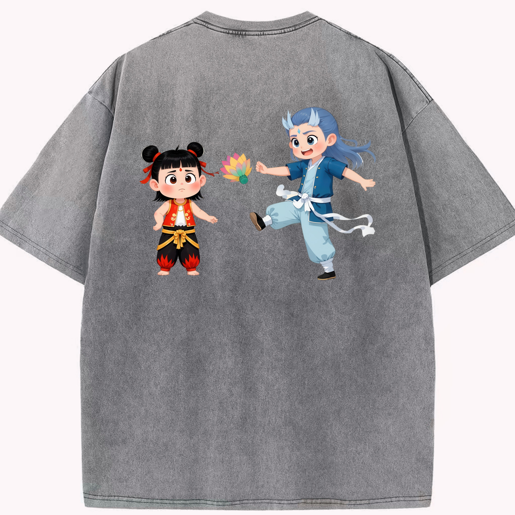 （画像用） Ne Zha 2 ナタ 魔童の大暴れ 綿100% ヴィンテージ風 半袖Tシャツ（背面プリント）