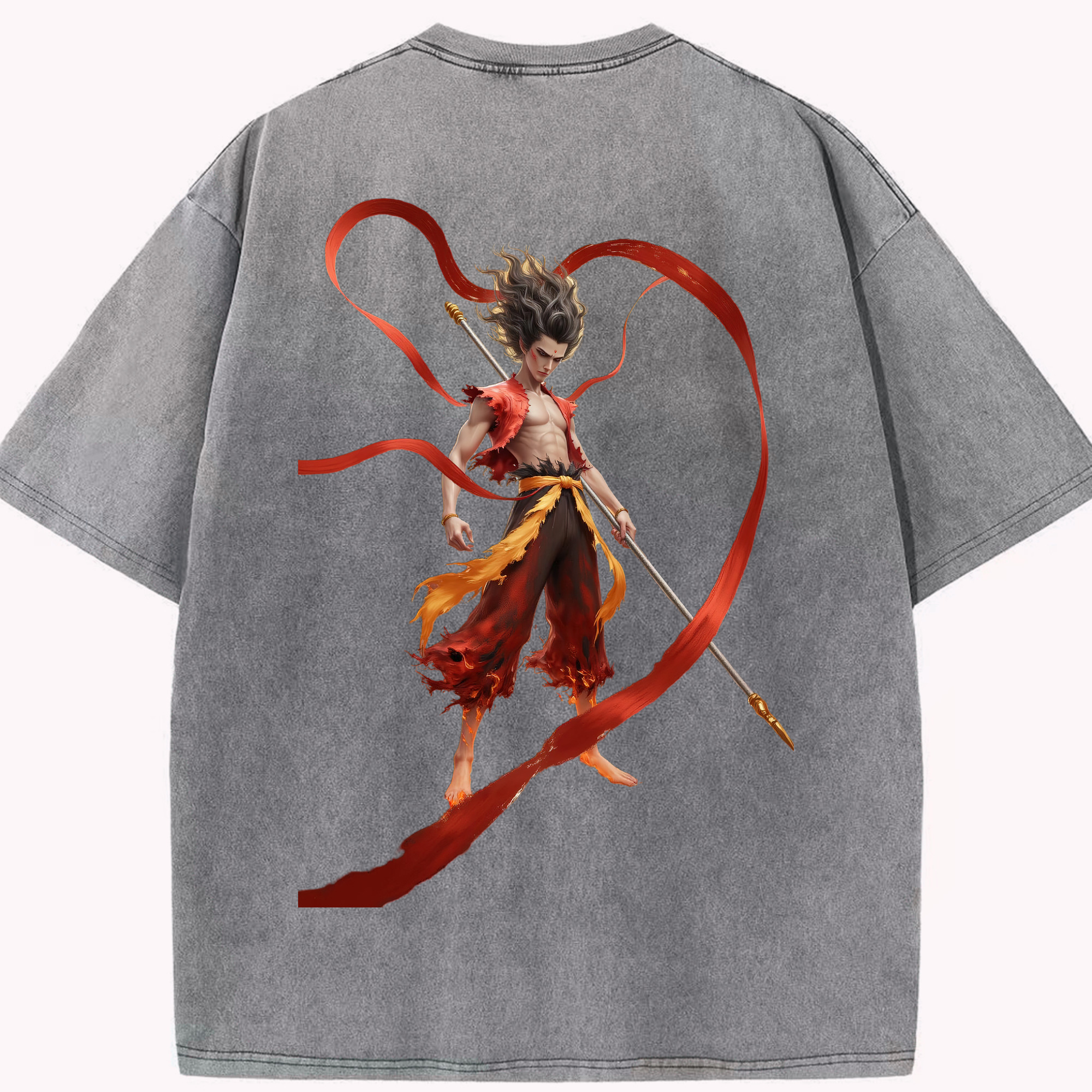 （画像用） Ne Zha 2 ナタ 魔童の大暴れ 綿100% ヴィンテージ風 半袖Tシャツ（背面プリント）
