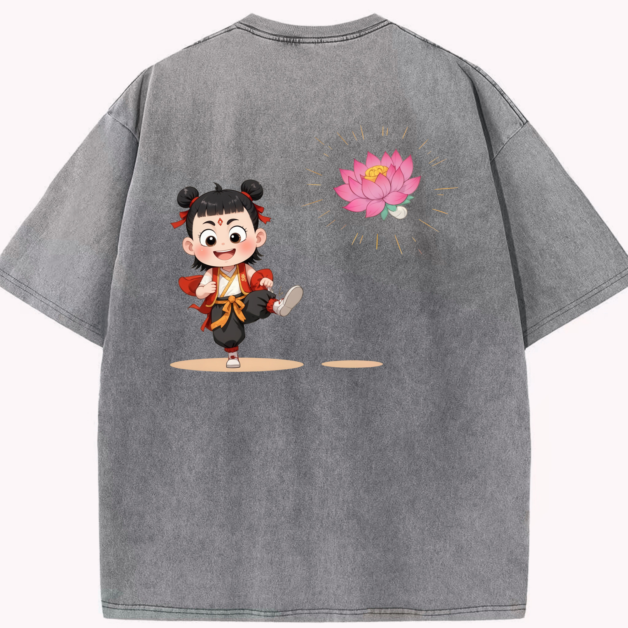 （画像用） Ne Zha 2 ナタ 魔童の大暴れ 綿100% ヴィンテージ風 半袖Tシャツ（背面プリント）
