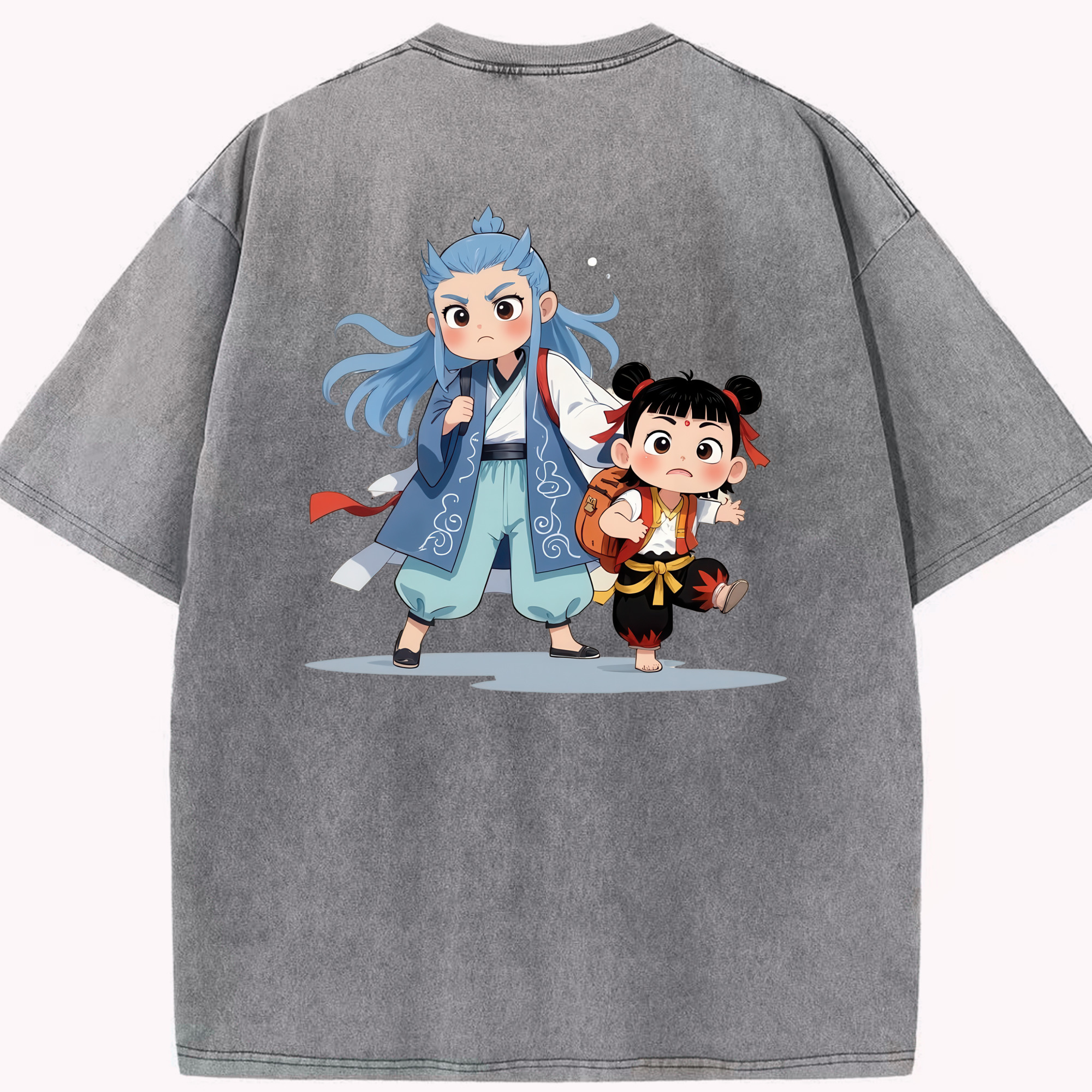 （画像用） Ne Zha 2 ナタ 魔童の大暴れ 綿100% ヴィンテージ風 半袖Tシャツ（背面プリント）