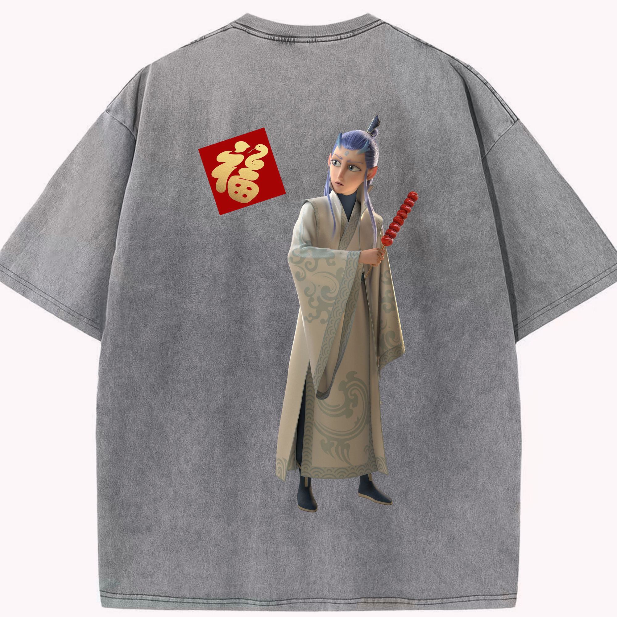 （画像用） Ne Zha 2 ナタ 魔童の大暴れ 綿100% ヴィンテージ風 半袖Tシャツ（背面プリント）