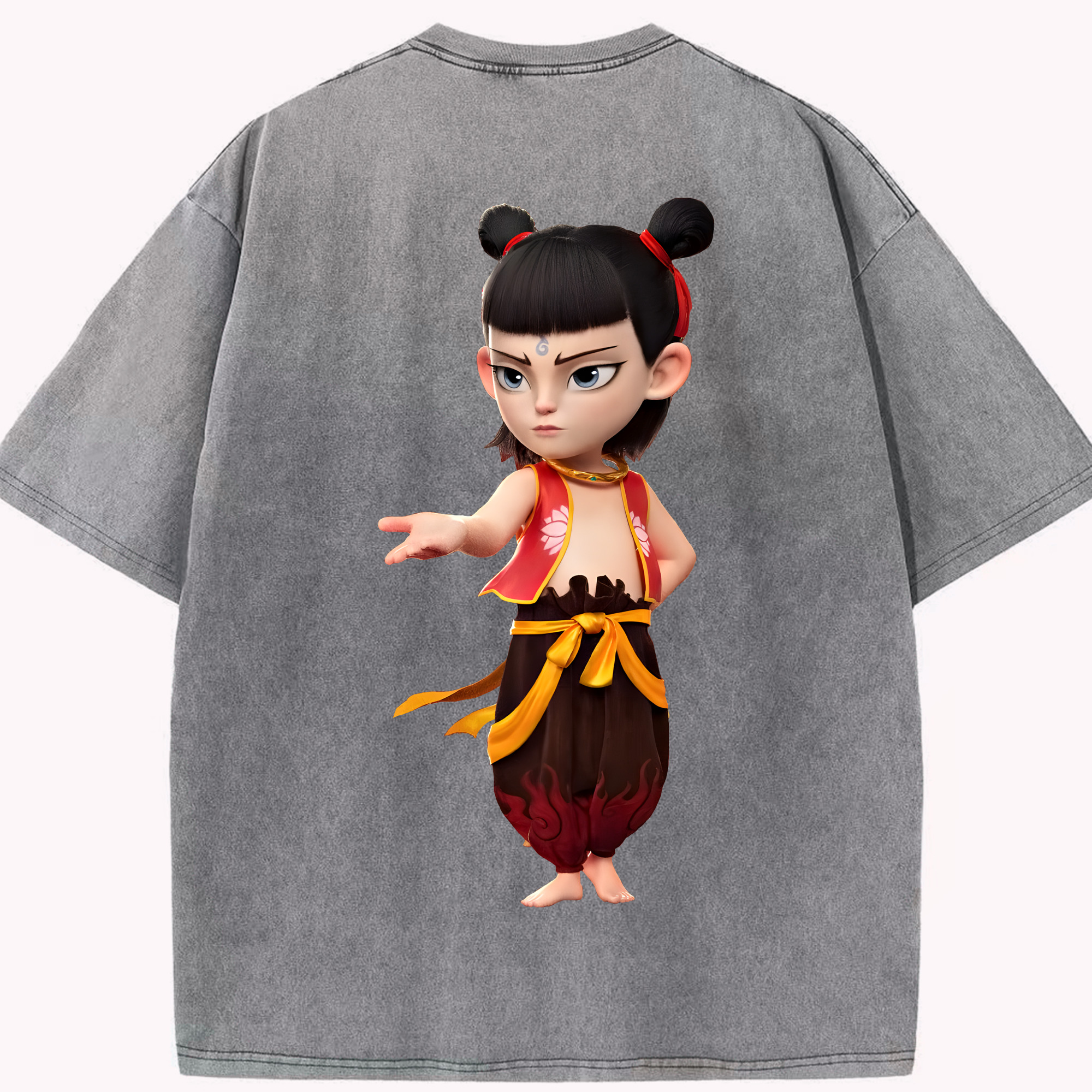 （画像用） Ne Zha 2 ナタ 魔童の大暴れ 綿100% ヴィンテージ風 半袖Tシャツ（背面プリント）