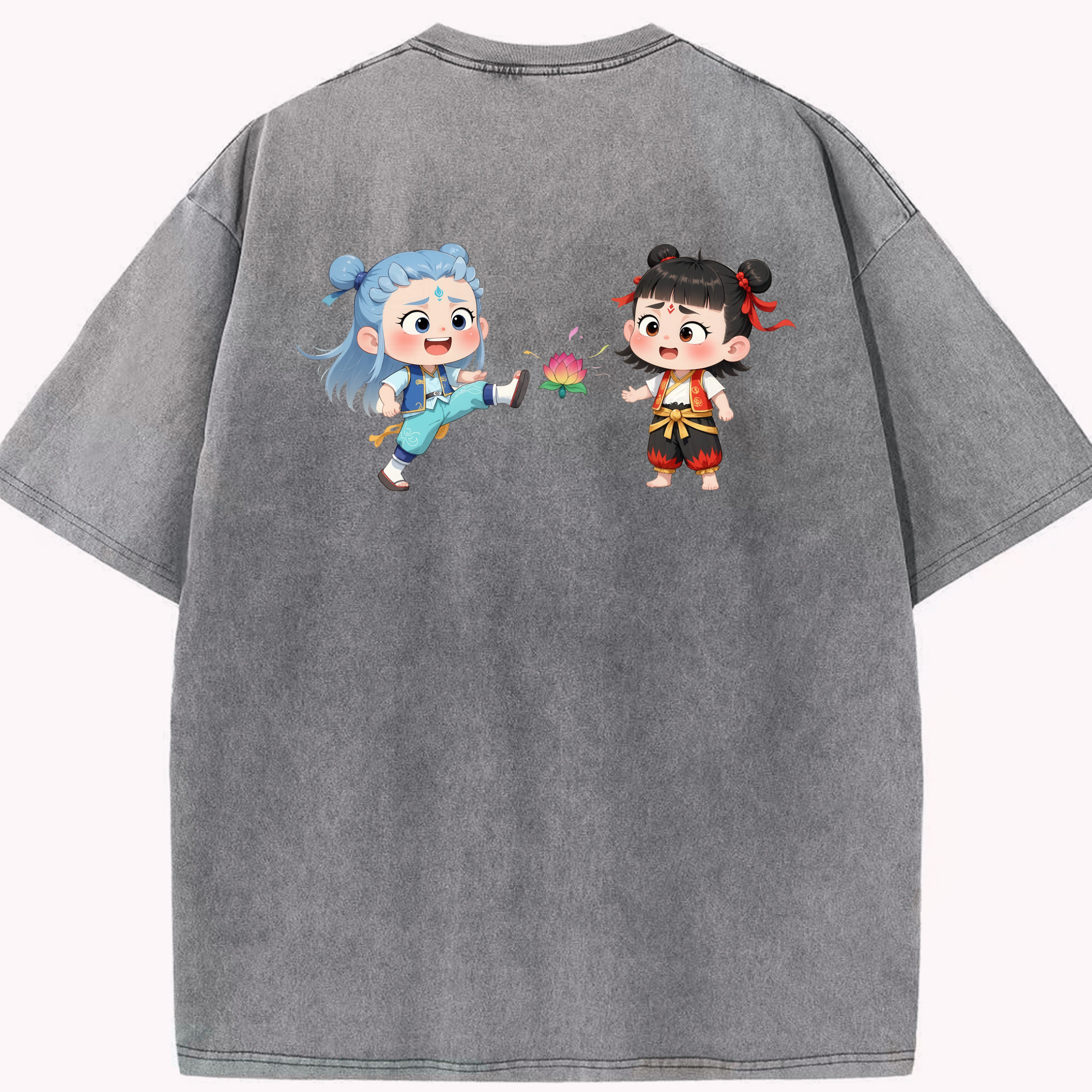 （画像用） Ne Zha 2 ナタ 魔童の大暴れ 綿100% ヴィンテージ風 半袖Tシャツ（背面プリント）