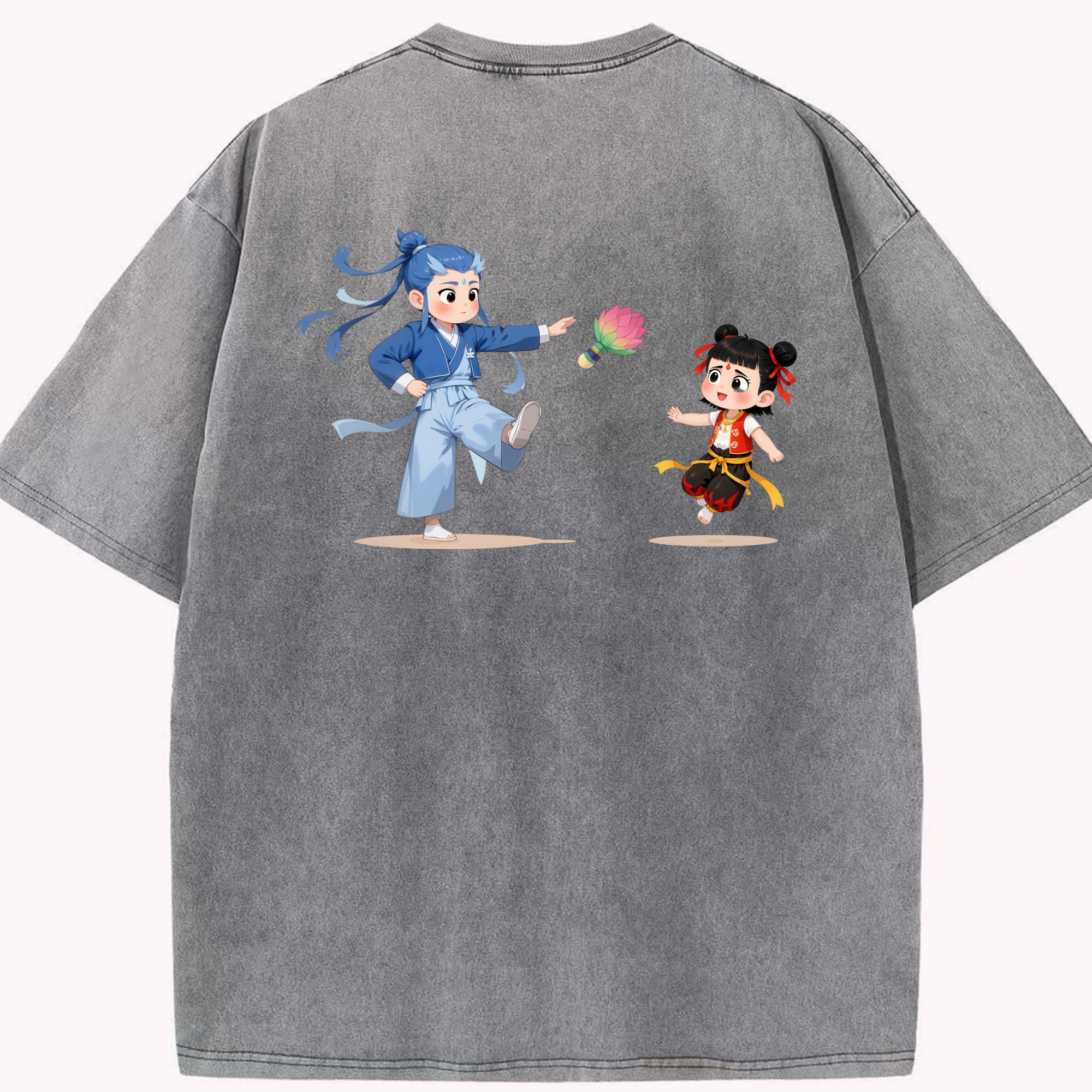 （画像用） Ne Zha 2 ナタ 魔童の大暴れ 綿100% ヴィンテージ風 半袖Tシャツ（背面プリント）