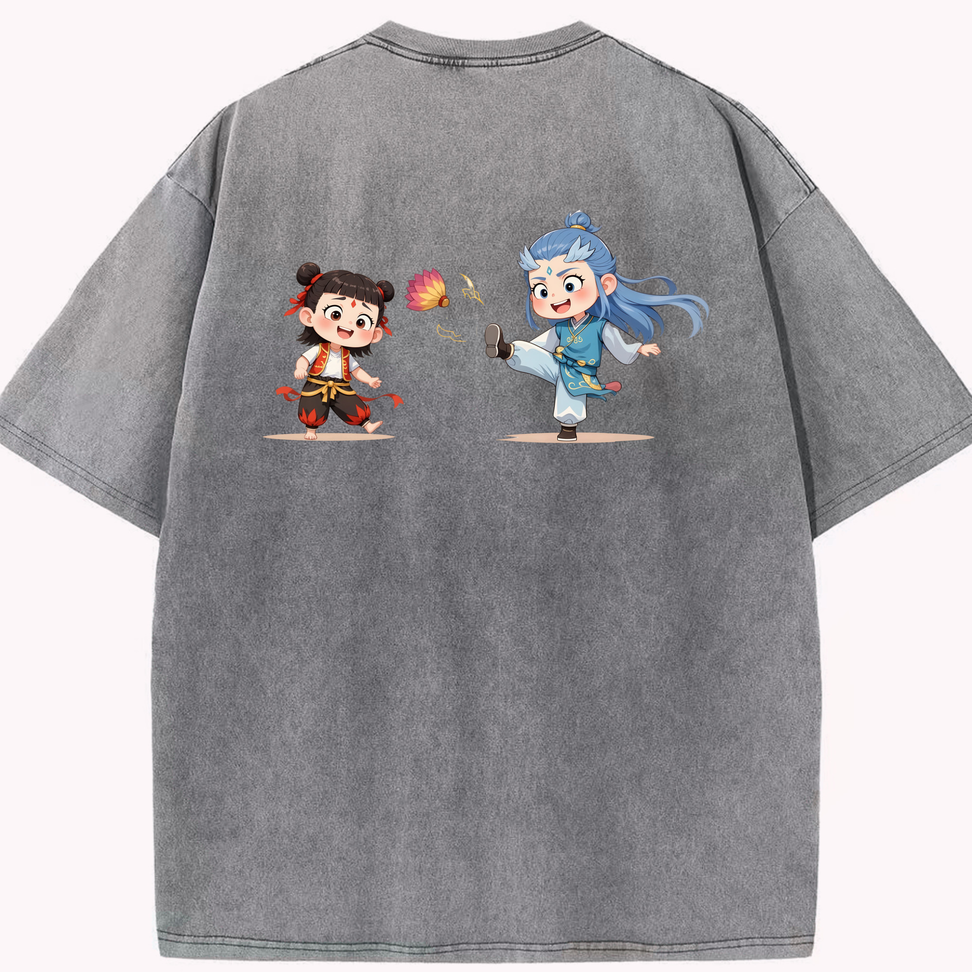 （画像用） Ne Zha 2 ナタ 魔童の大暴れ 綿100% ヴィンテージ風 半袖Tシャツ（背面プリント）