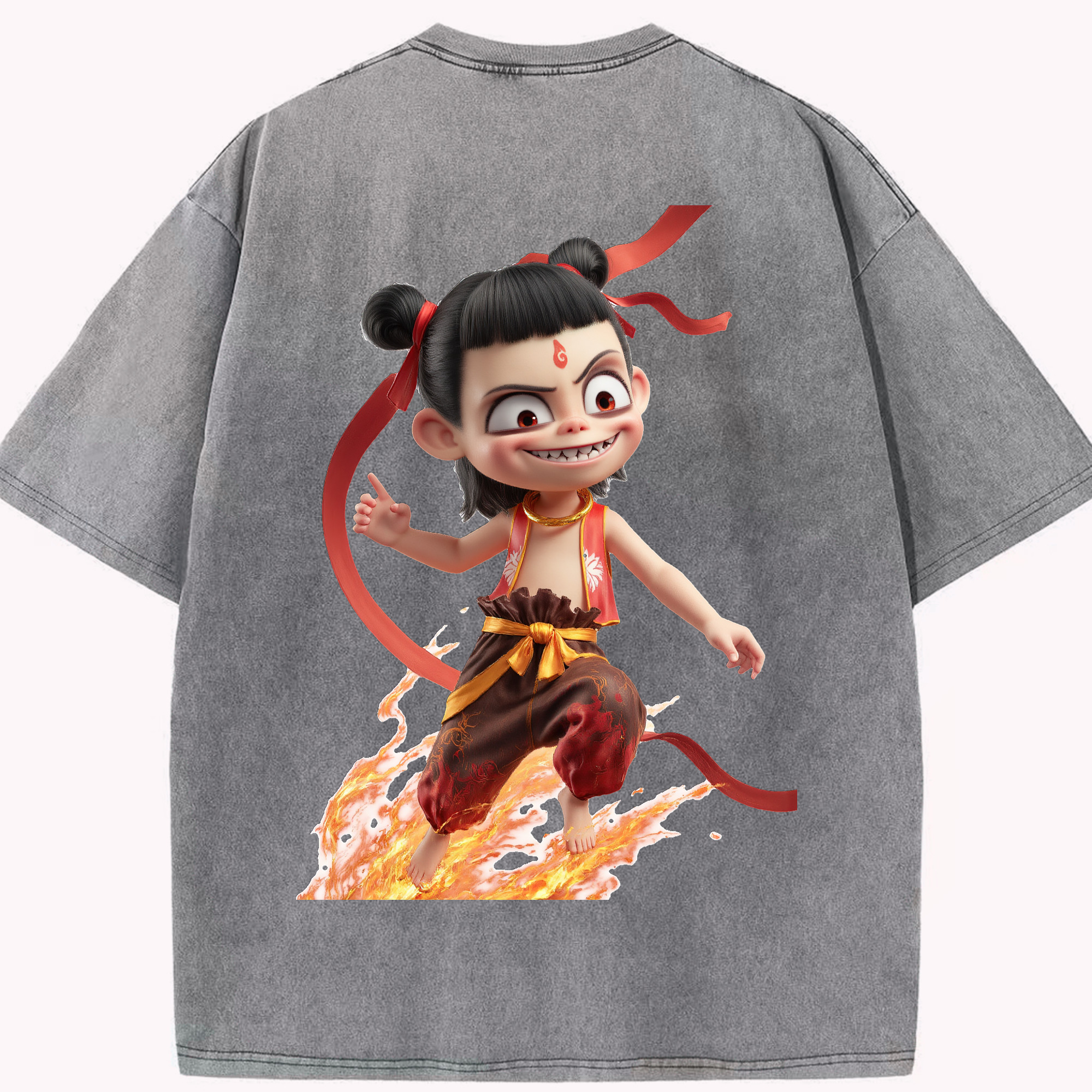 （画像用） Ne Zha 2 ナタ 魔童の大暴れ 綿100% ヴィンテージ風 半袖Tシャツ（背面プリント）