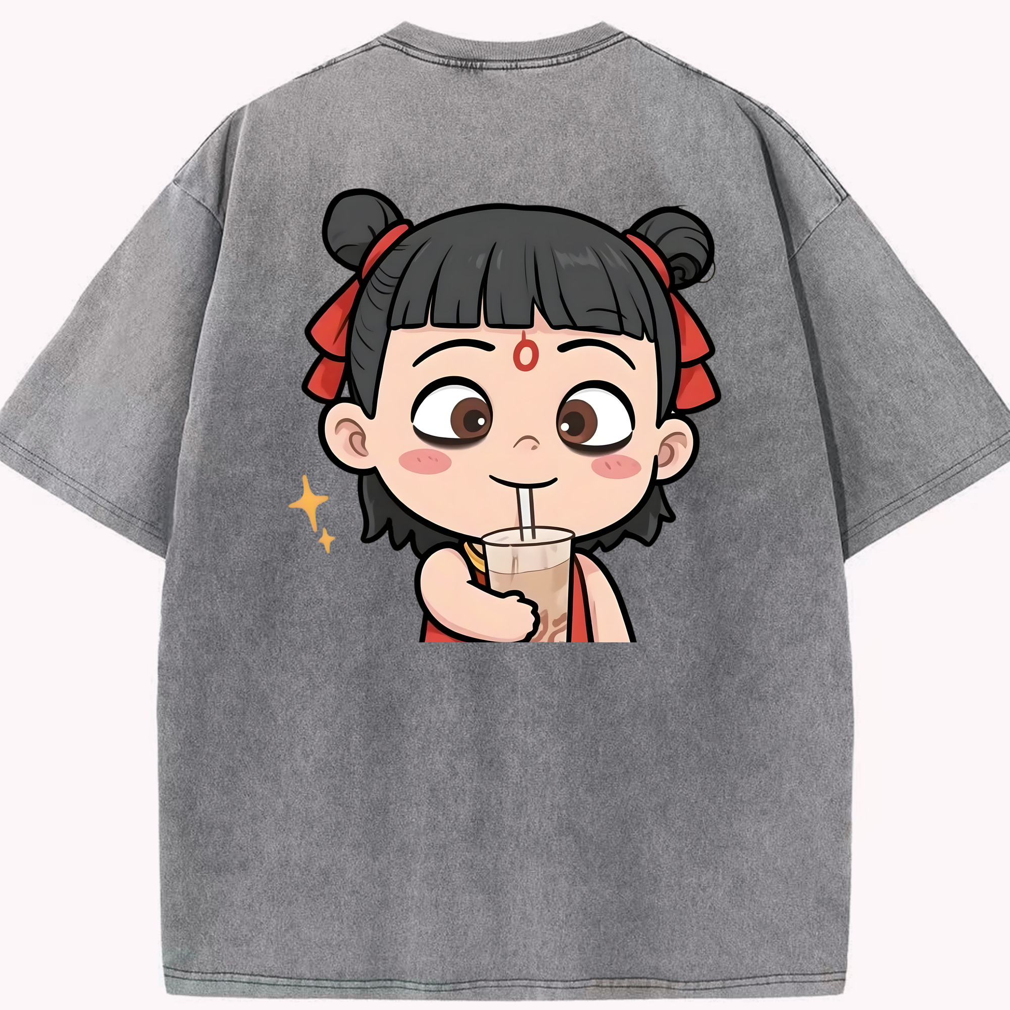 （画像用） Ne Zha 2 ナタ 魔童の大暴れ 綿100% ヴィンテージ風 半袖Tシャツ（背面プリント）