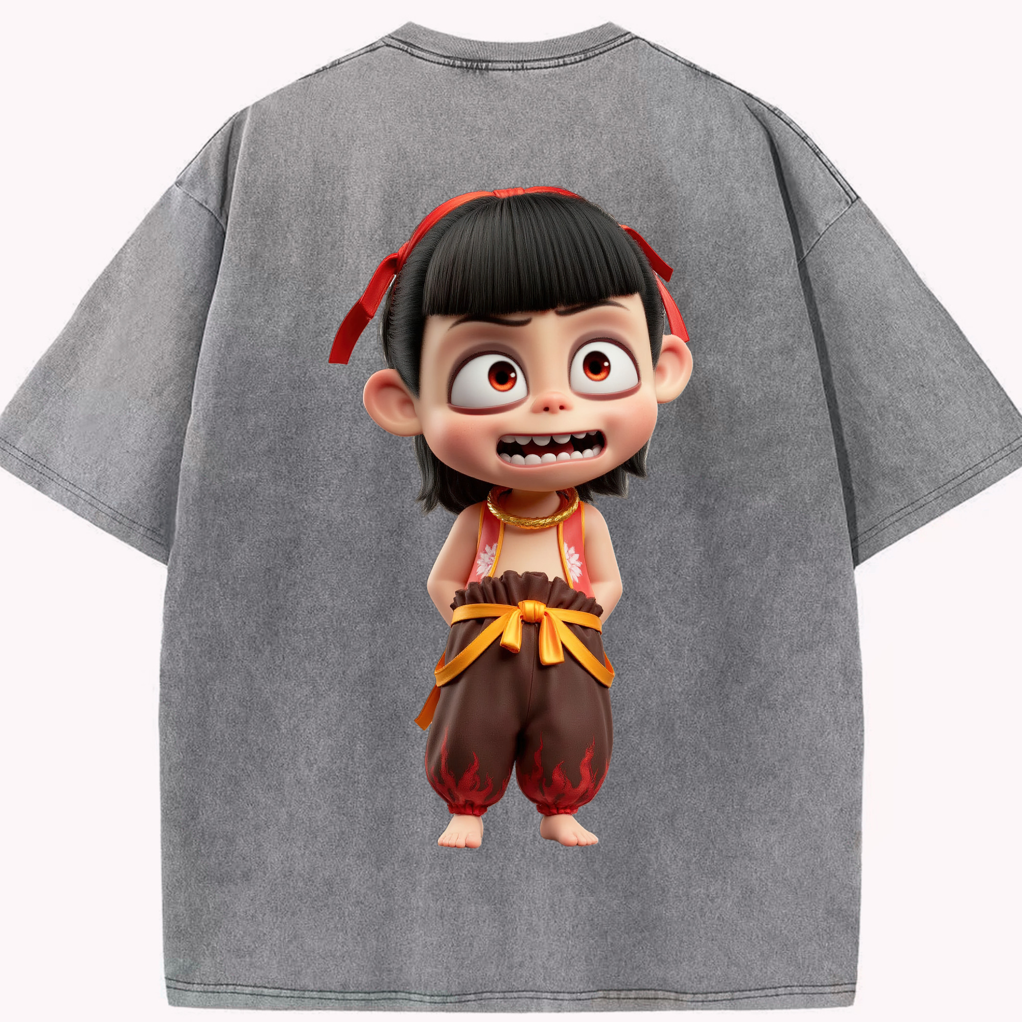 （画像用） Ne Zha 2 ナタ 魔童の大暴れ 綿100% ヴィンテージ風 半袖Tシャツ（背面プリント）