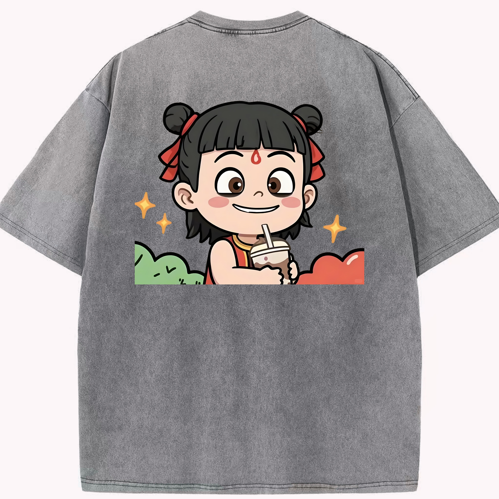 （画像用） Ne Zha 2 ナタ 魔童の大暴れ 綿100% ヴィンテージ風 半袖Tシャツ（背面プリント）