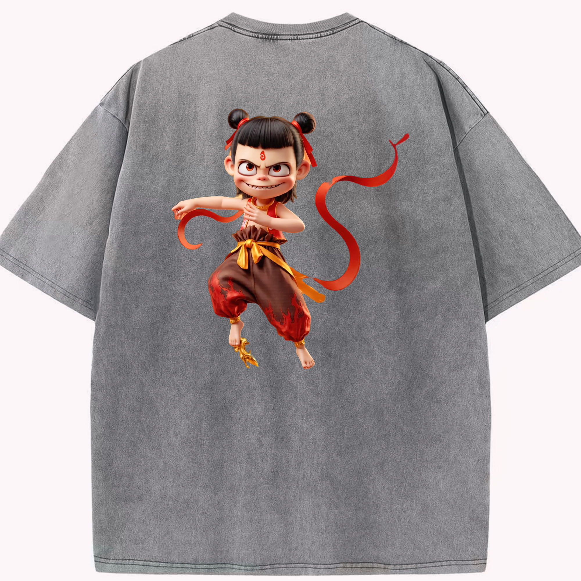 （画像用） Ne Zha 2 ナタ 魔童の大暴れ 綿100% ヴィンテージ風 半袖Tシャツ（背面プリント）