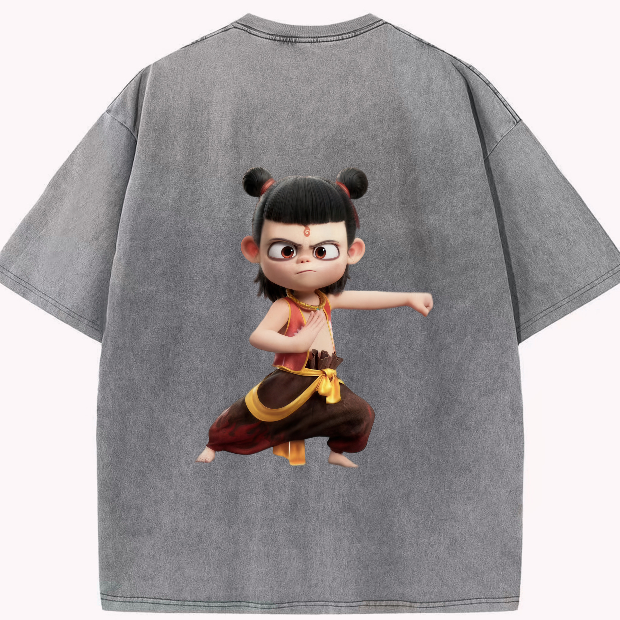 （画像用） Ne Zha 2 ナタ 魔童の大暴れ 綿100% ヴィンテージ風 半袖Tシャツ（背面プリント）