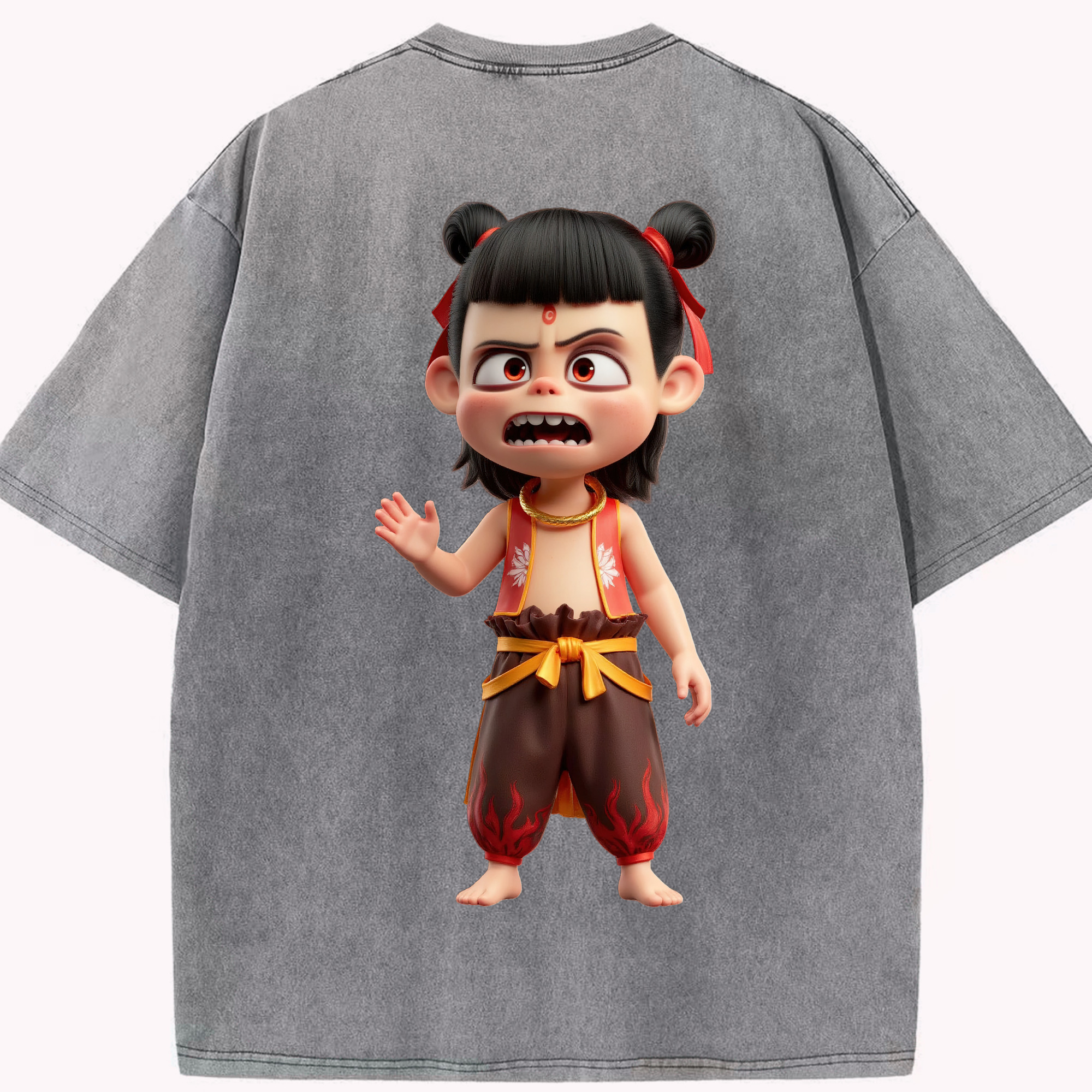 （画像用） Ne Zha 2 ナタ 魔童の大暴れ 綿100% ヴィンテージ風 半袖Tシャツ（背面プリント）