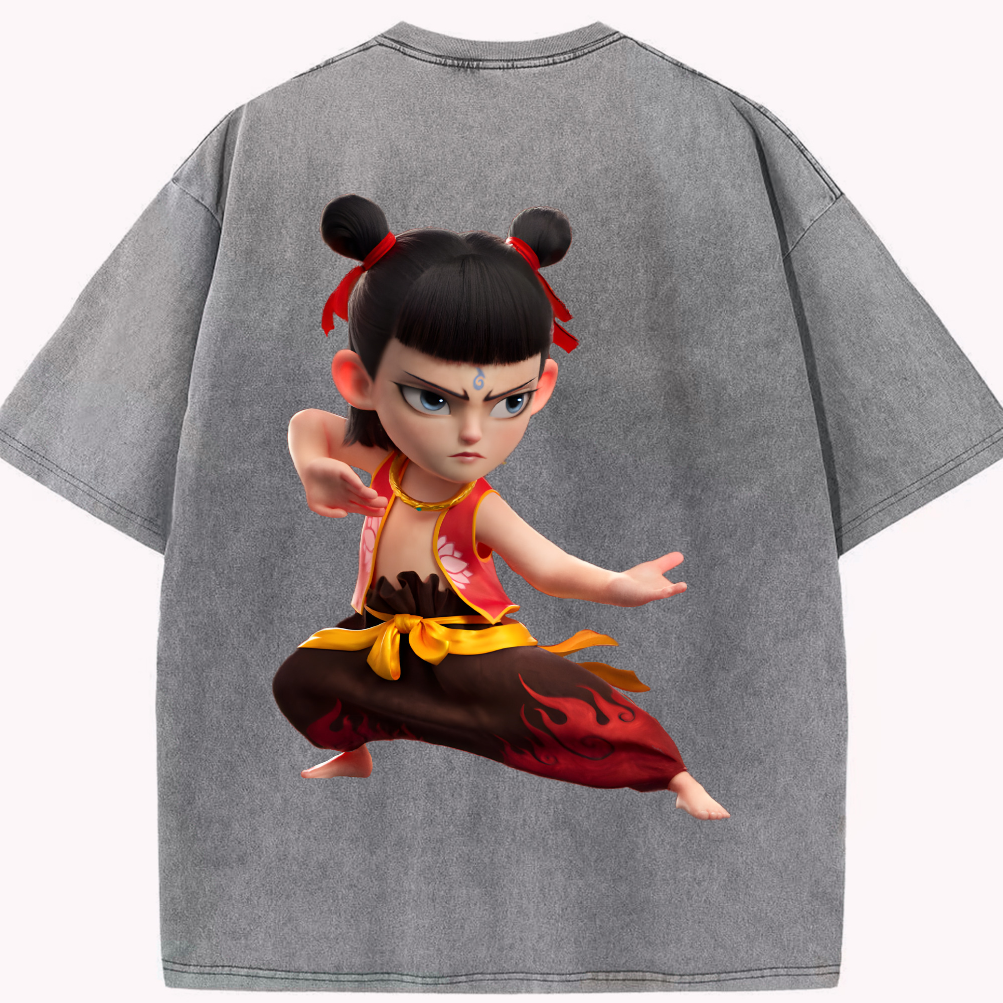 （画像用） Ne Zha 2 ナタ 魔童の大暴れ 綿100% ヴィンテージ風 半袖Tシャツ（背面プリント）