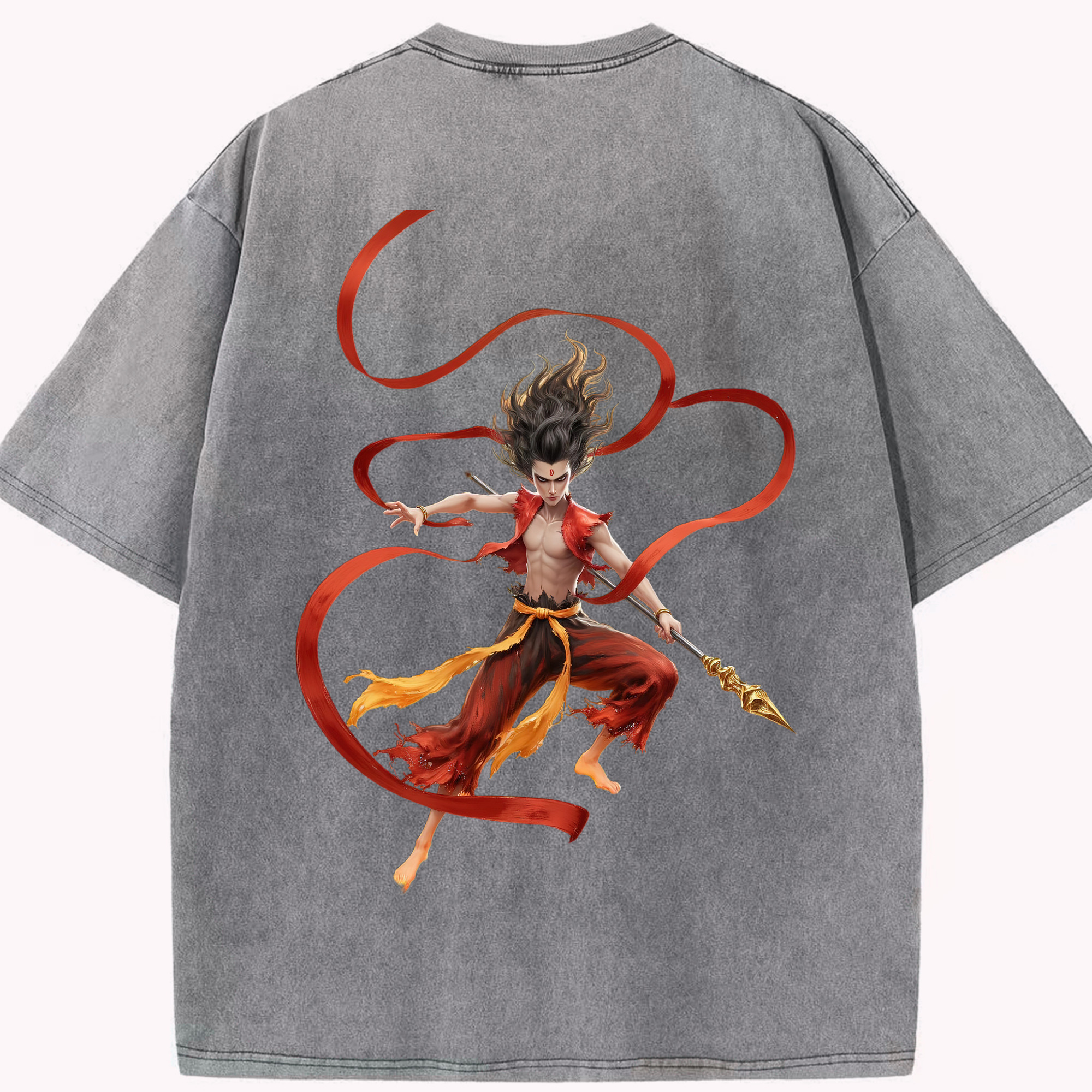 （画像用） Ne Zha 2 ナタ 魔童の大暴れ 綿100% ヴィンテージ風 半袖Tシャツ（背面プリント）