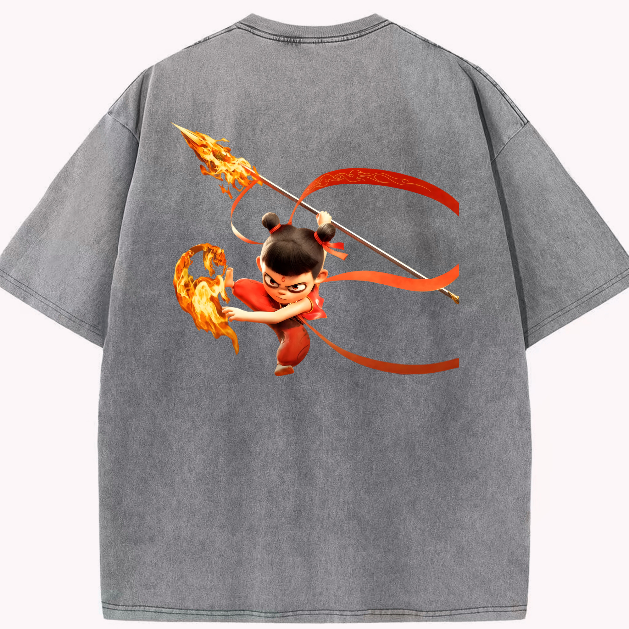 （画像用） Ne Zha 2 ナタ 魔童の大暴れ 綿100% ヴィンテージ風 半袖Tシャツ（背面プリント）