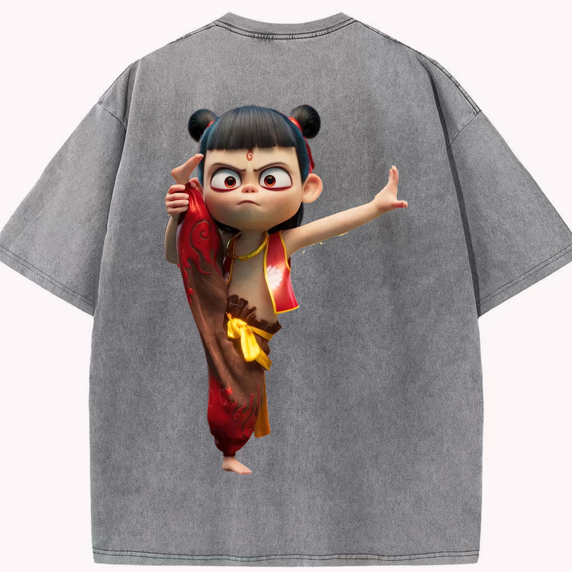 （画像用） Ne Zha 2 ナタ 魔童の大暴れ 綿100% ヴィンテージ風 半袖Tシャツ（背面プリント）