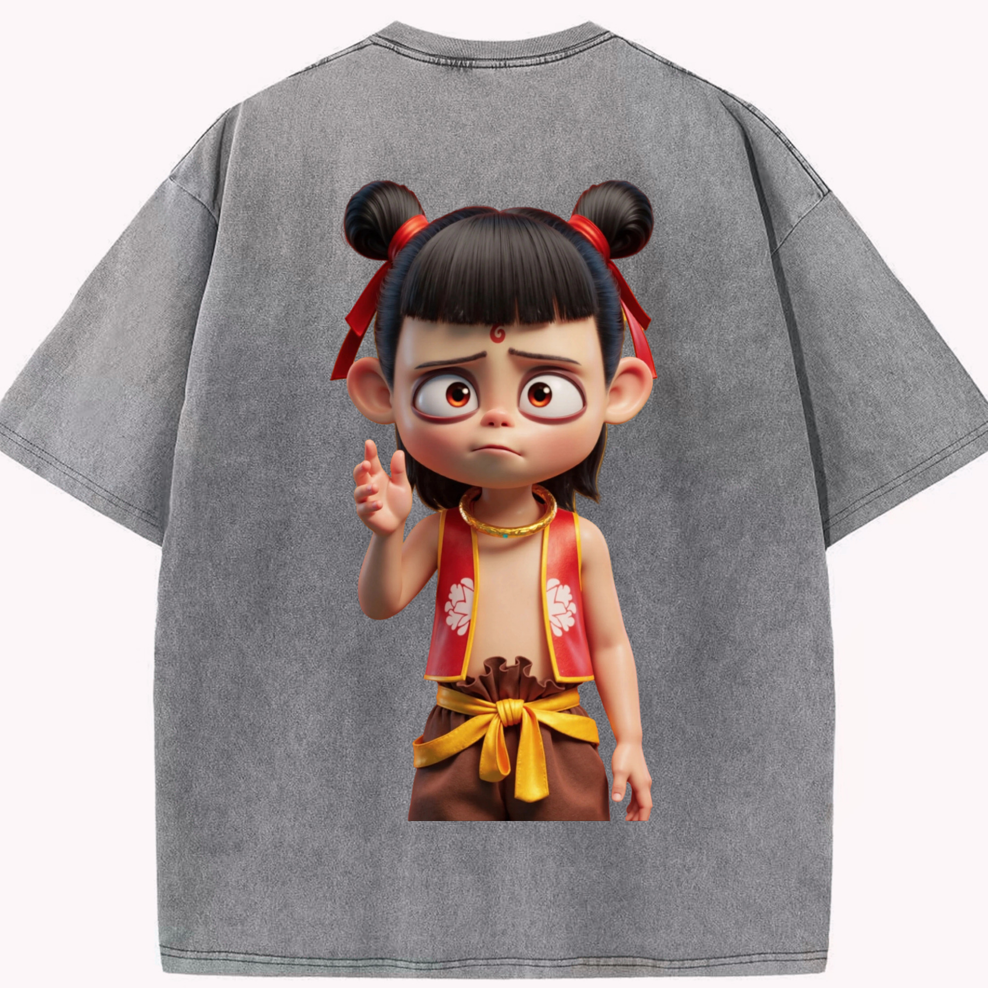 （画像用） Ne Zha 2 ナタ 魔童の大暴れ 綿100% ヴィンテージ風 半袖Tシャツ（背面プリント）