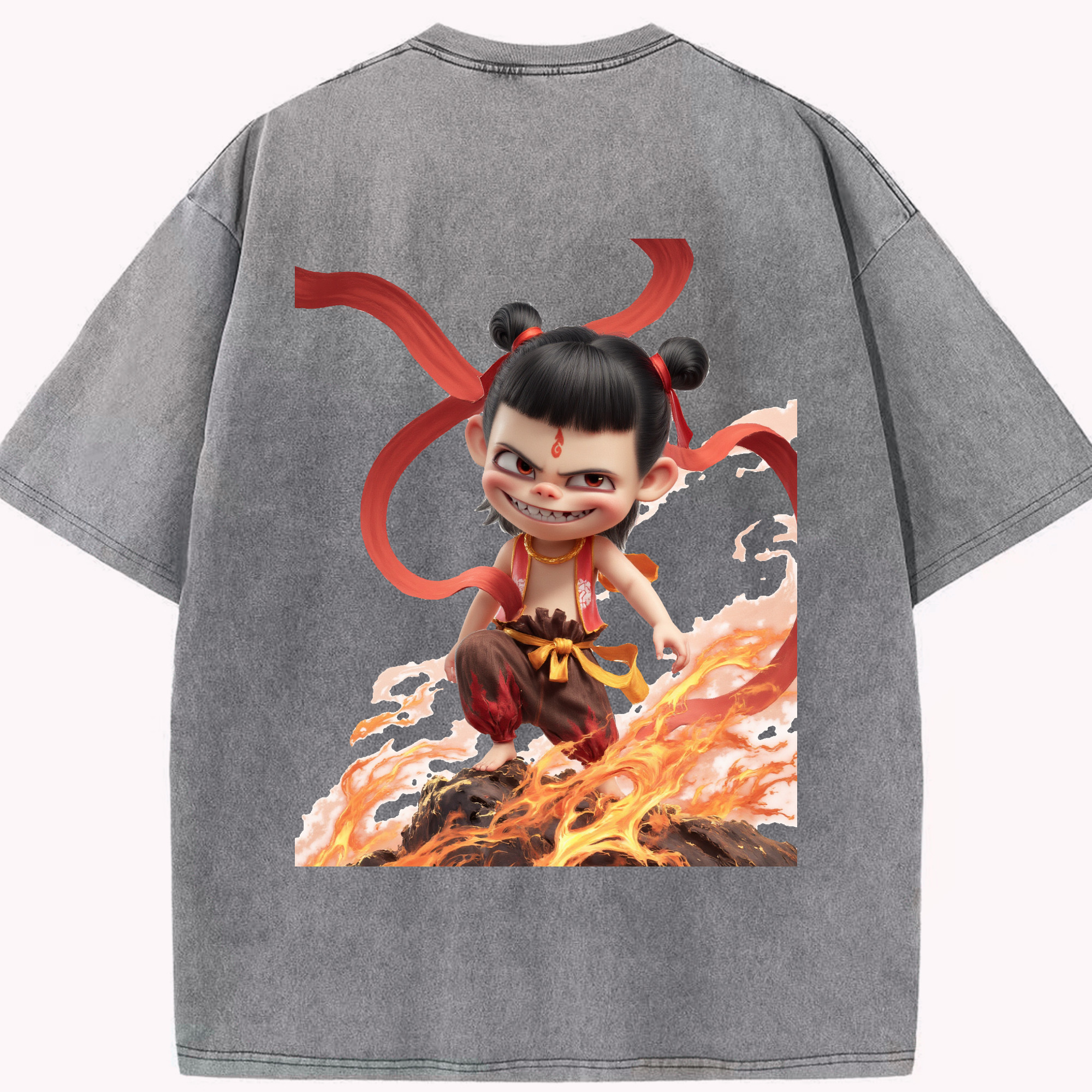 （画像用） Ne Zha 2 ナタ 魔童の大暴れ 綿100% ヴィンテージ風 半袖Tシャツ（背面プリント）