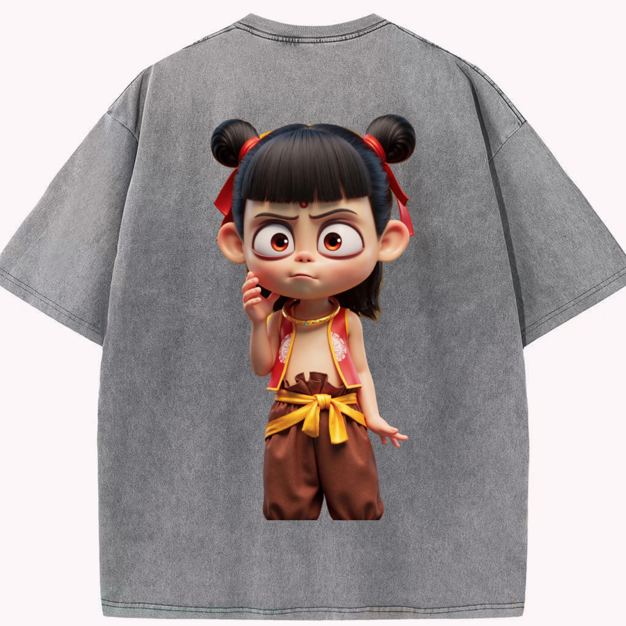 （画像用） Ne Zha 2 ナタ 魔童の大暴れ 綿100% ヴィンテージ風 半袖Tシャツ（背面プリント）