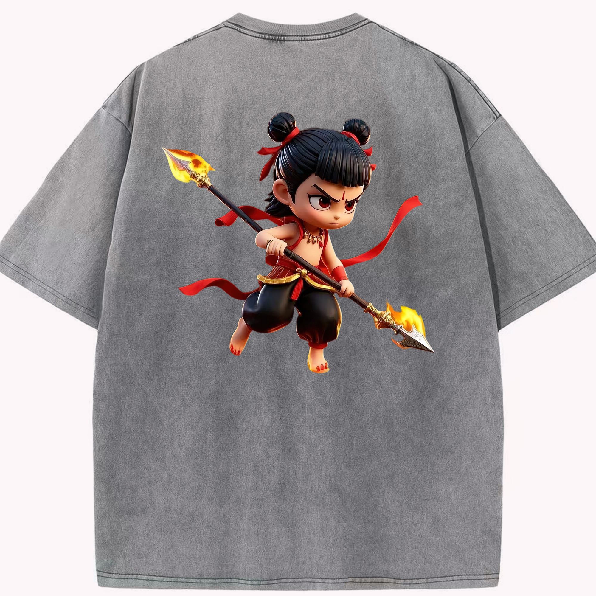 （画像用） Ne Zha 2 ナタ 魔童の大暴れ 綿100% ヴィンテージ風 半袖Tシャツ（背面プリント）
