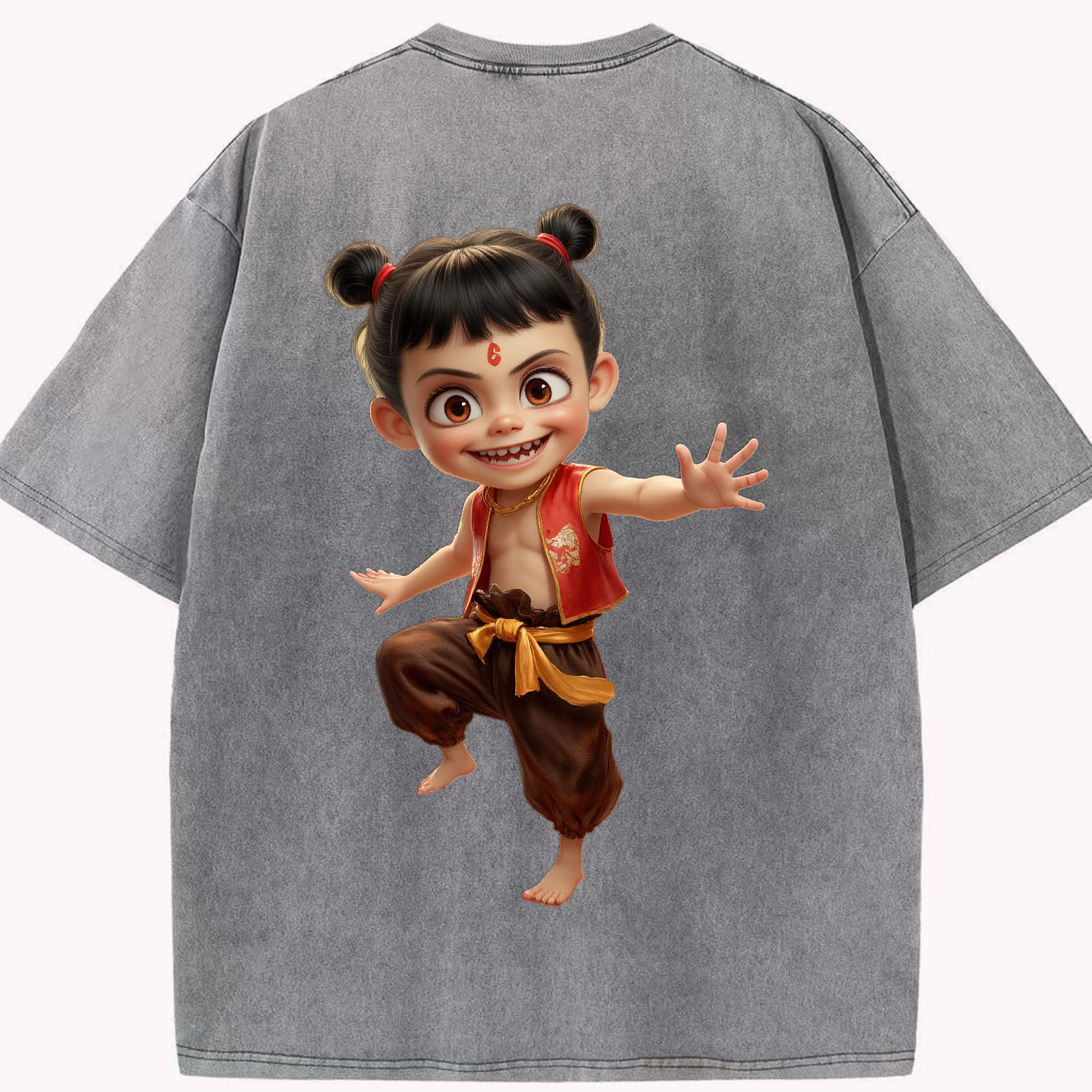 （画像用） Ne Zha 2 ナタ 魔童の大暴れ 綿100% ヴィンテージ風 半袖Tシャツ（背面プリント）