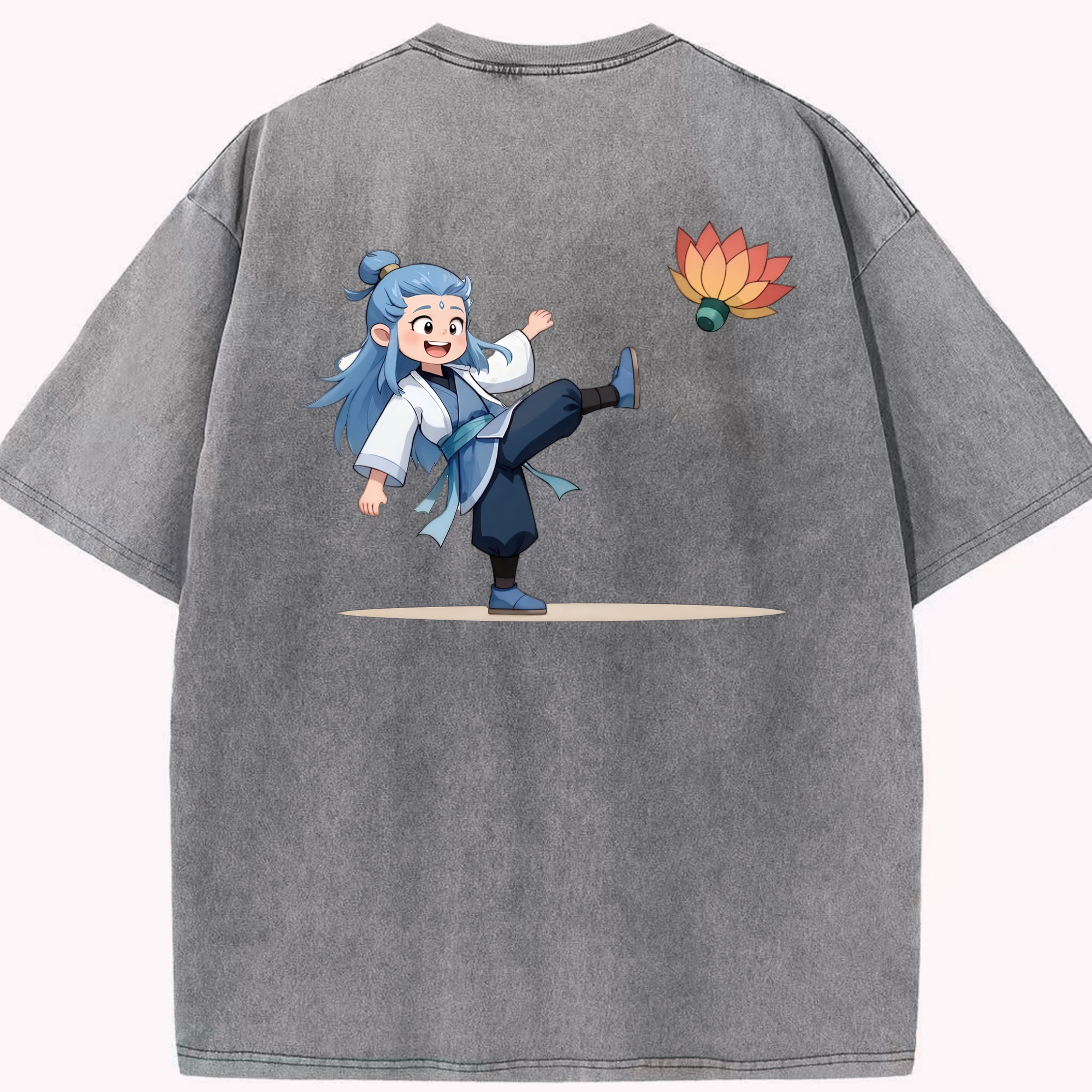 （画像用） Ne Zha 2 ナタ 魔童の大暴れ 綿100% ヴィンテージ風 半袖Tシャツ（背面プリント）
