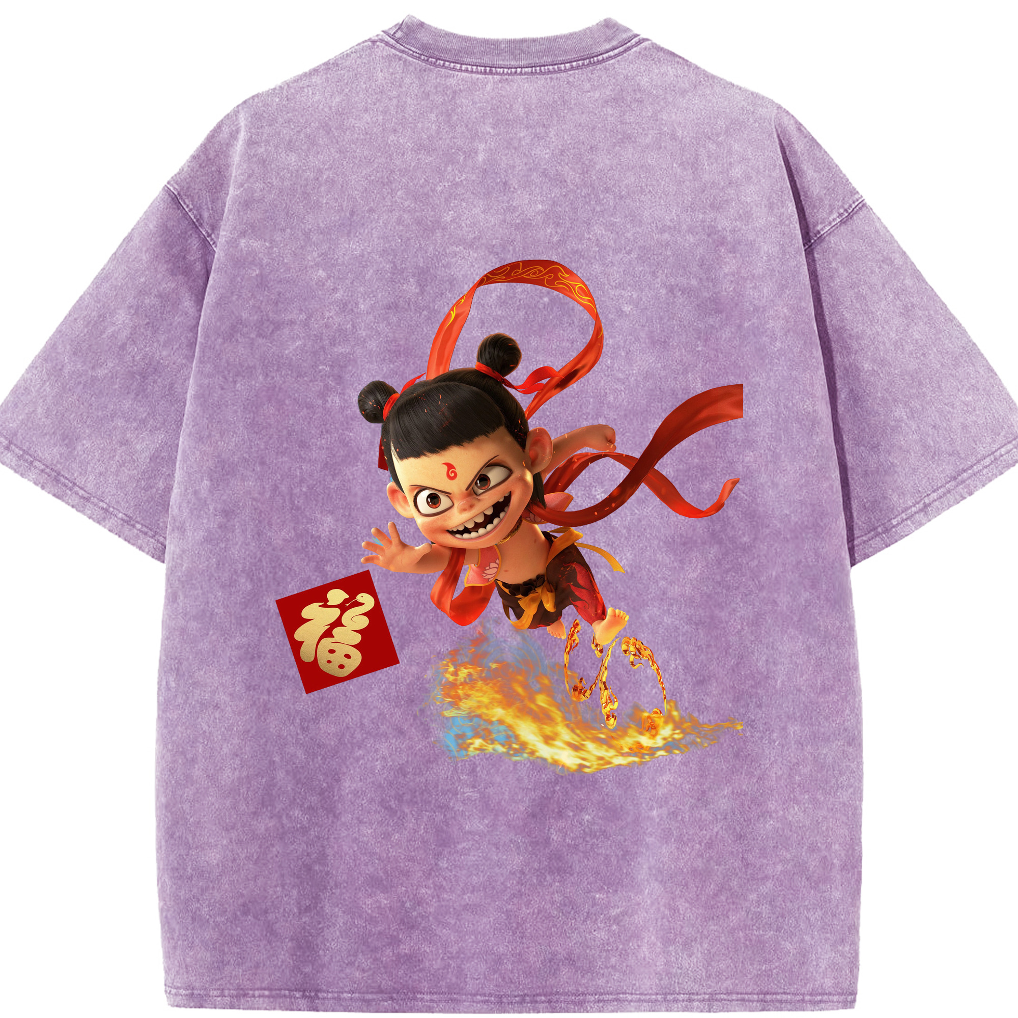 （画像用） Ne Zha 2 ナタ 魔童の大暴れ 綿100% ヴィンテージ風 半袖Tシャツ（背面プリント）