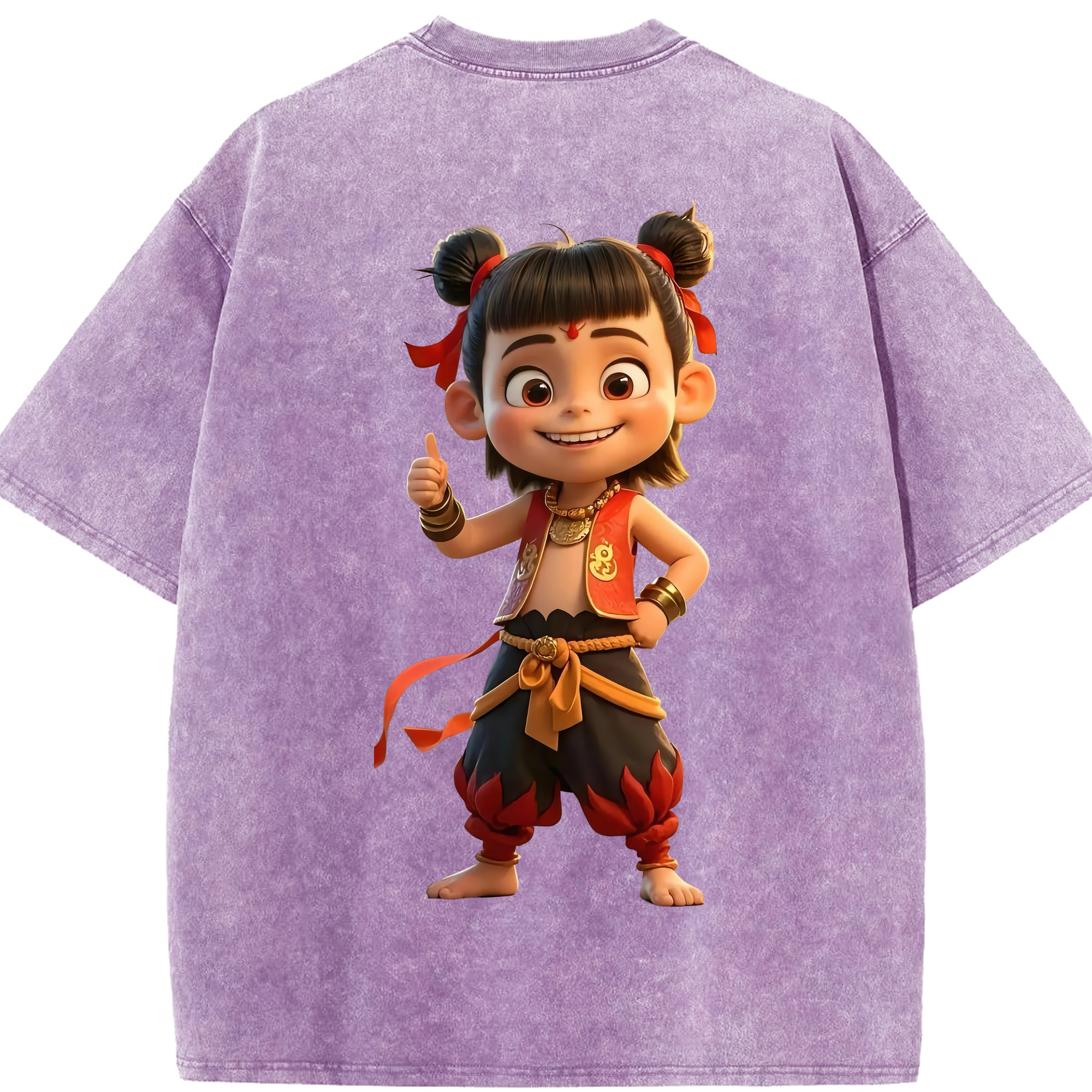 （画像用） Ne Zha 2 ナタ 魔童の大暴れ 綿100% ヴィンテージ風 半袖Tシャツ（背面プリント）