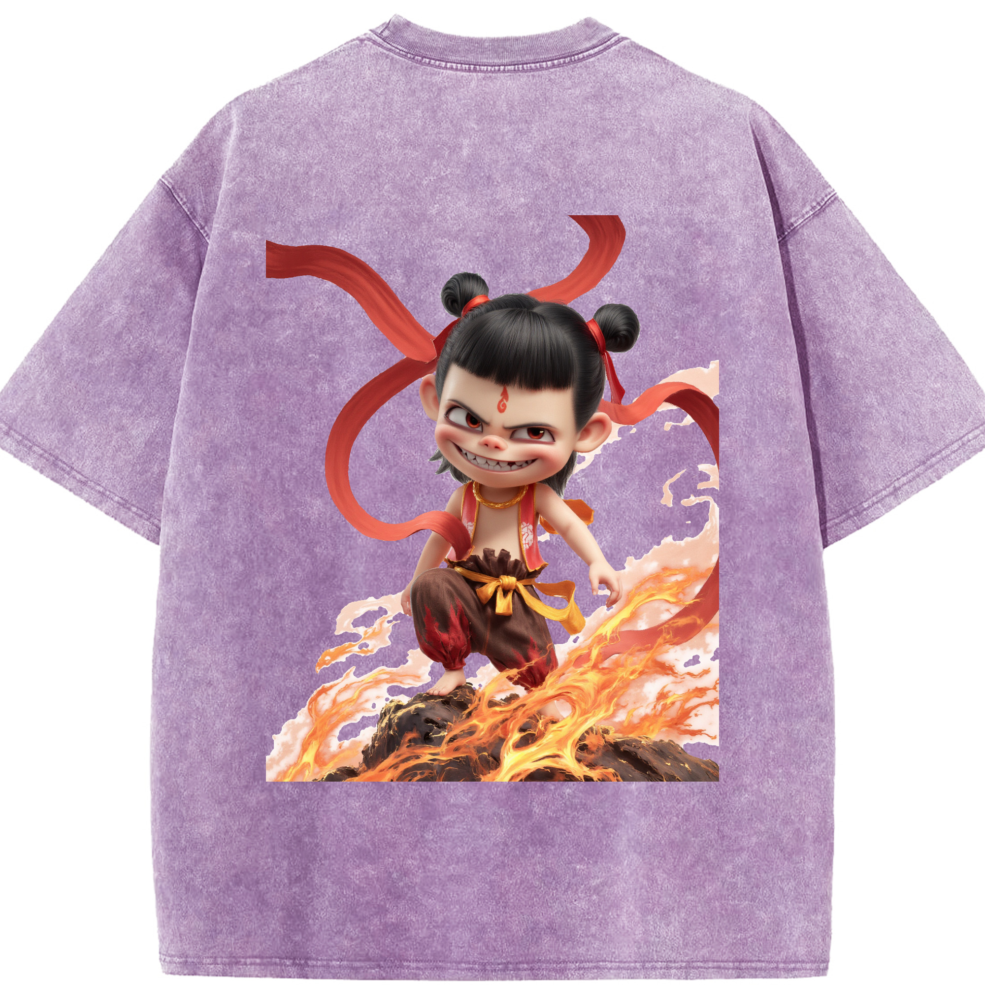 （画像用） Ne Zha 2 ナタ 魔童の大暴れ 綿100% ヴィンテージ風 半袖Tシャツ（背面プリント）