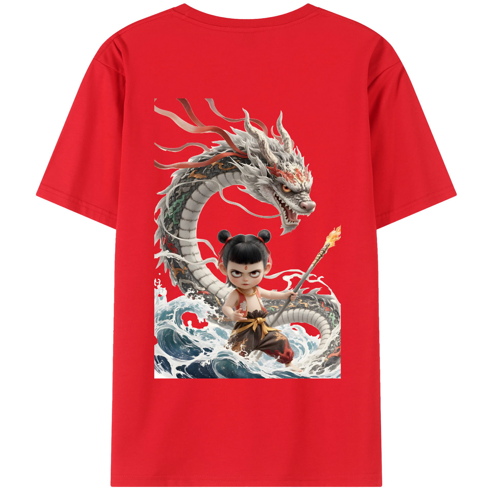（画像用） Ne Zha 2 ナタ 魔童の大暴れ 綿100％ メンズ半袖Tシャツ（バックプリント） 通気性