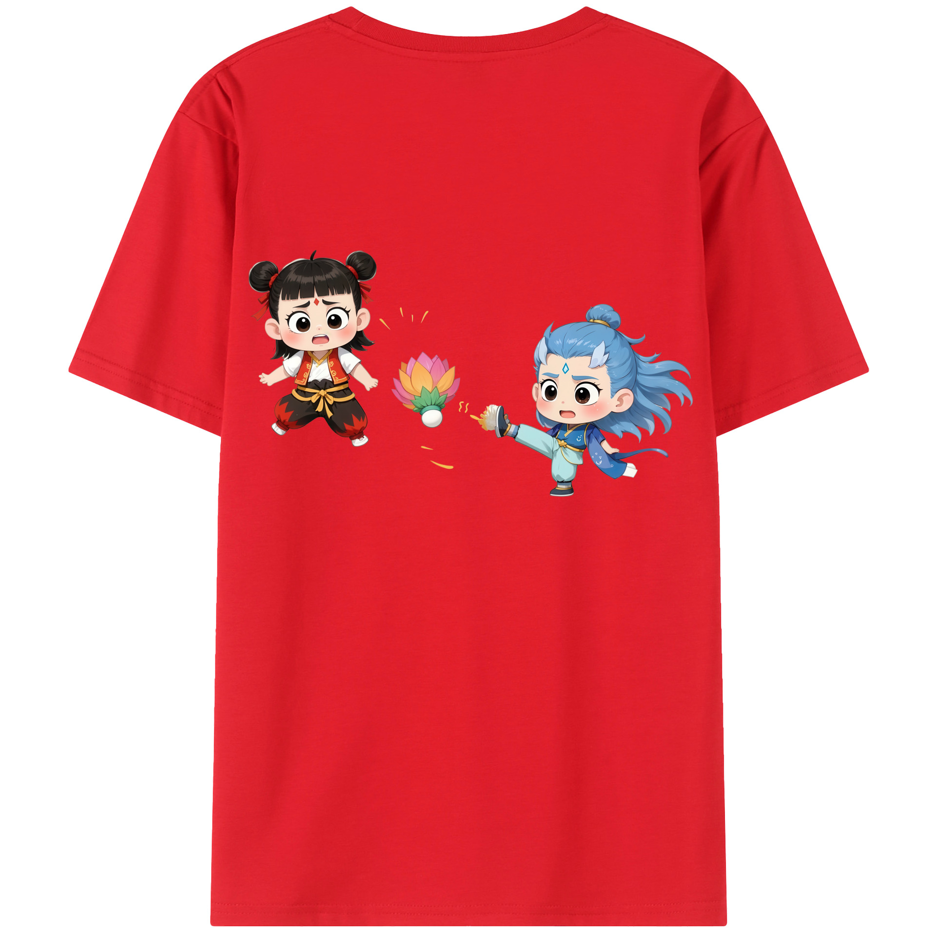（画像用） Ne Zha 2 ナタ 魔童の大暴れ 綿100％ メンズ半袖Tシャツ（バックプリント） 通気性