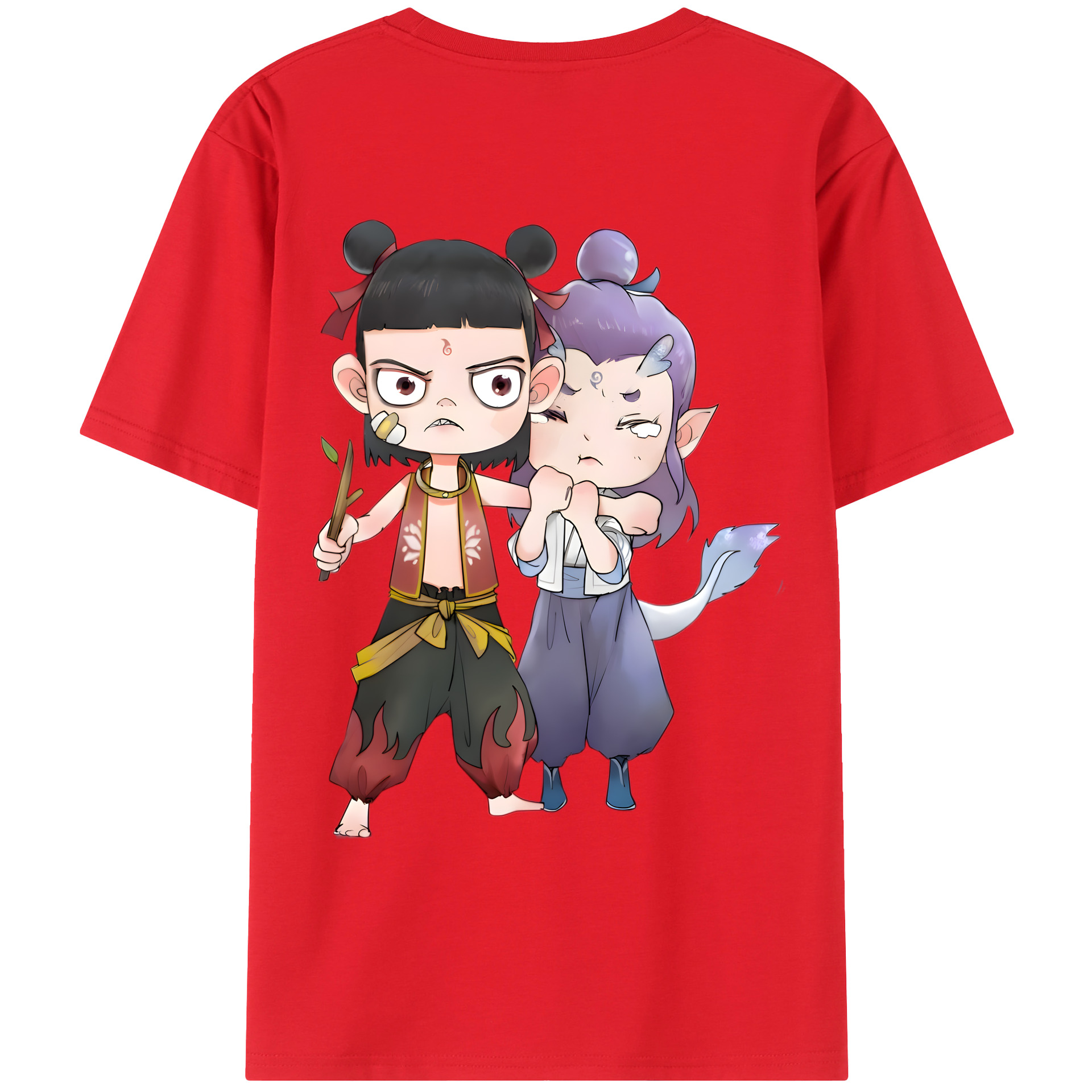 （画像用） Ne Zha 2 ナタ 魔童の大暴れ 綿100％ メンズ半袖Tシャツ（バックプリント） 通気性