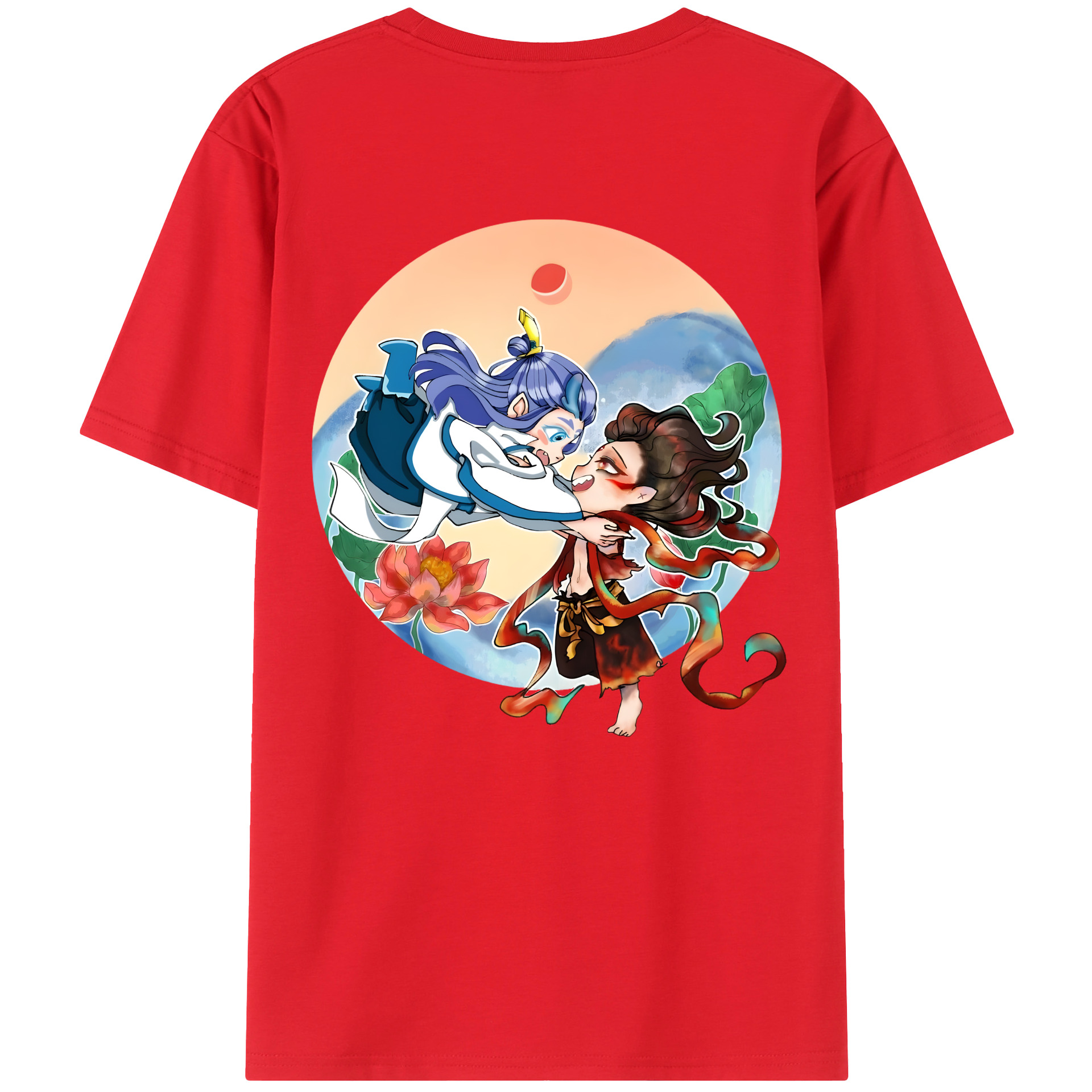 （画像用） Ne Zha 2 ナタ 魔童の大暴れ 綿100％ メンズ半袖Tシャツ（バックプリント） 通気性
