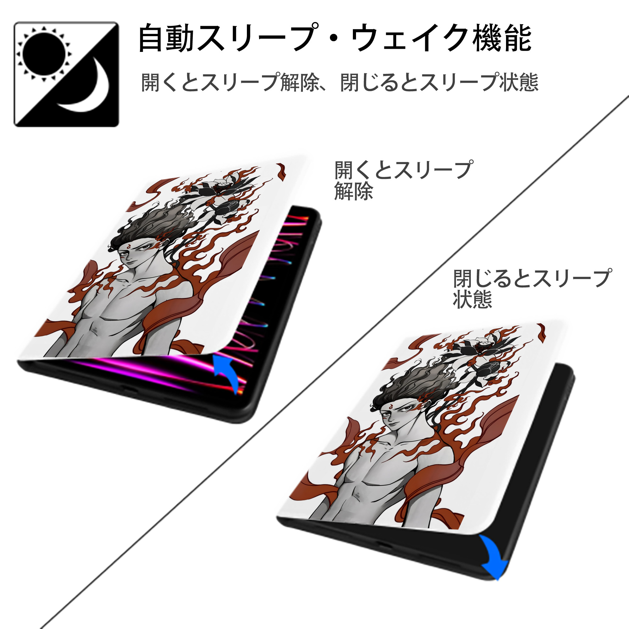 Ne Zha 2 ナタ 魔童の大暴れ IPad ケース ペン収納付き 三つ折りスタンド PUレザー×シリコン 対応機種9.5/10.5/10.9インチ