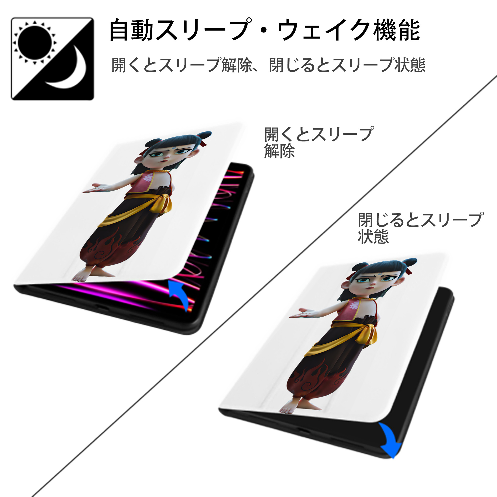 Ne Zha 2 ナタ 魔童の大暴れ IPad ケース ペン収納付き 三つ折りスタンド PUレザー×シリコン 対応機種9.5/10.5/10.9インチ